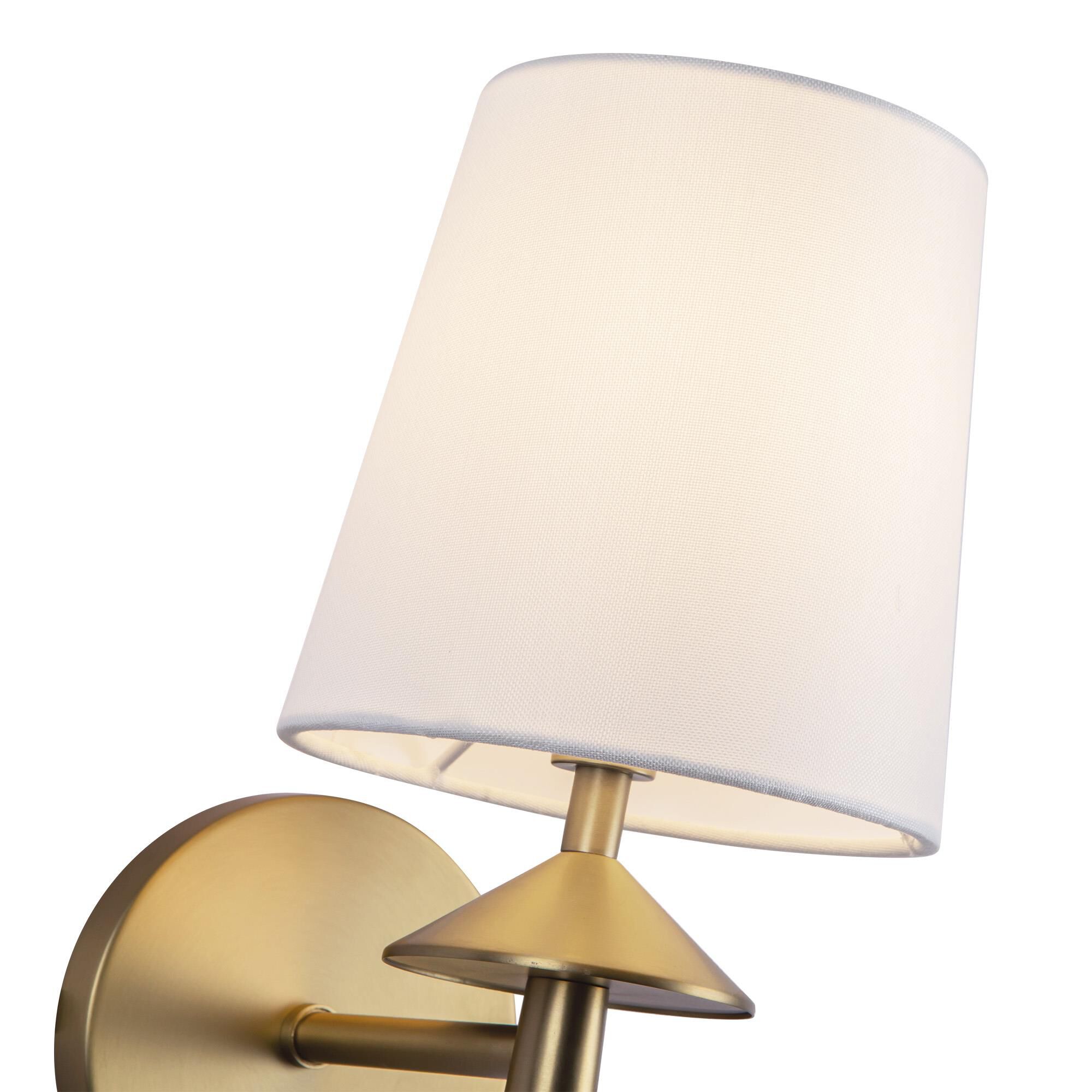 Shown in Brushed Gold finish and White Acrylic Diffuser glass and White Linen shade