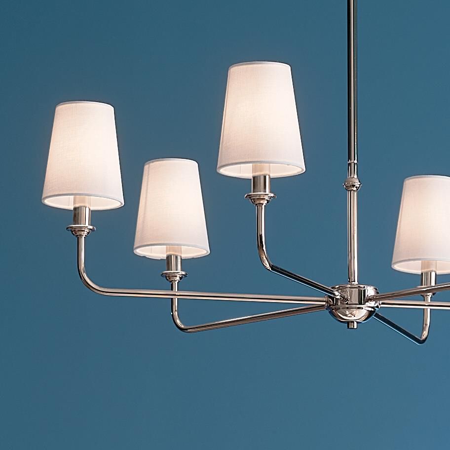 Shown in Polished Nickel finish and Fabric and Bell shade