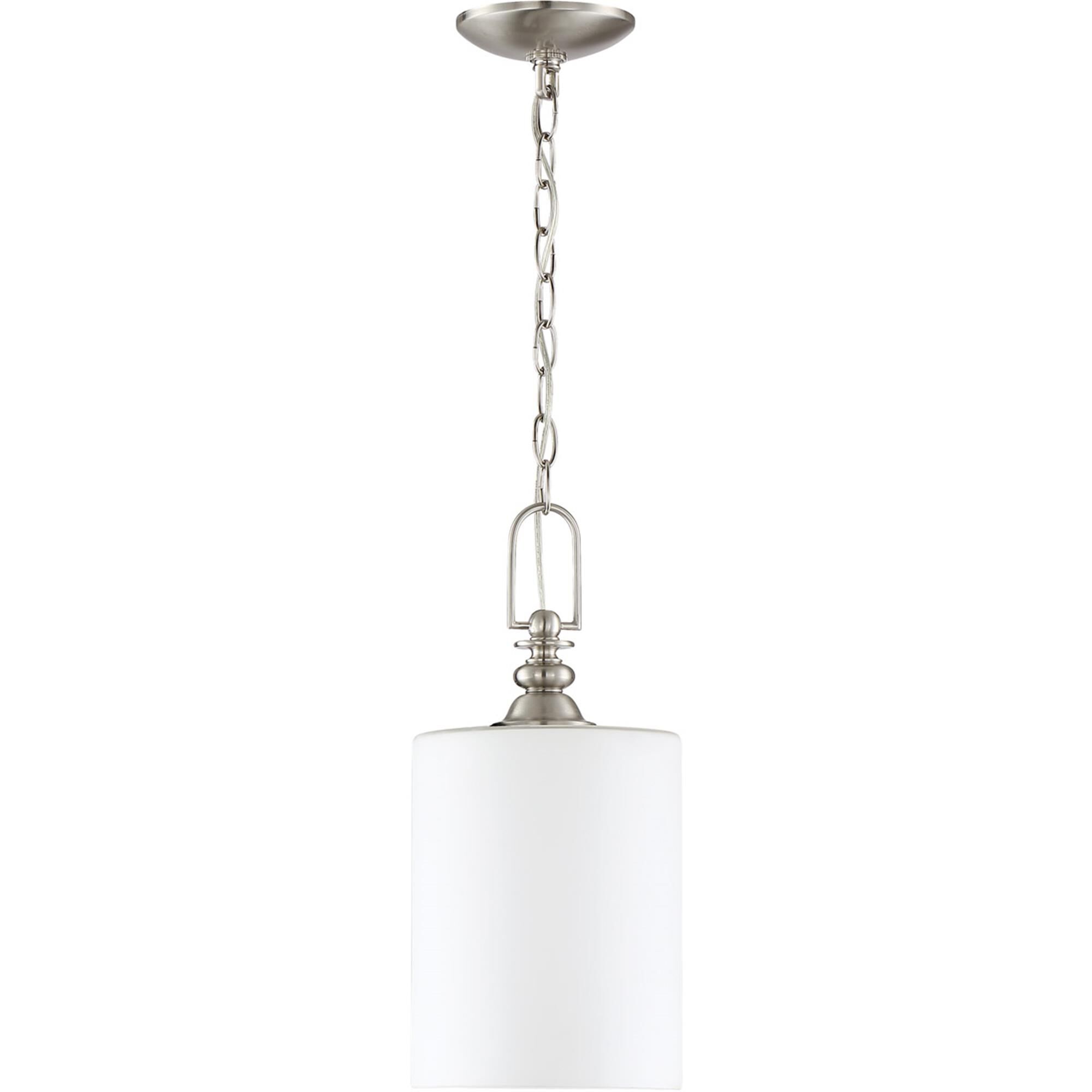 Shown in Brushed Polished Nickel finish and Yes glass and Yes shade and Cylinder accent