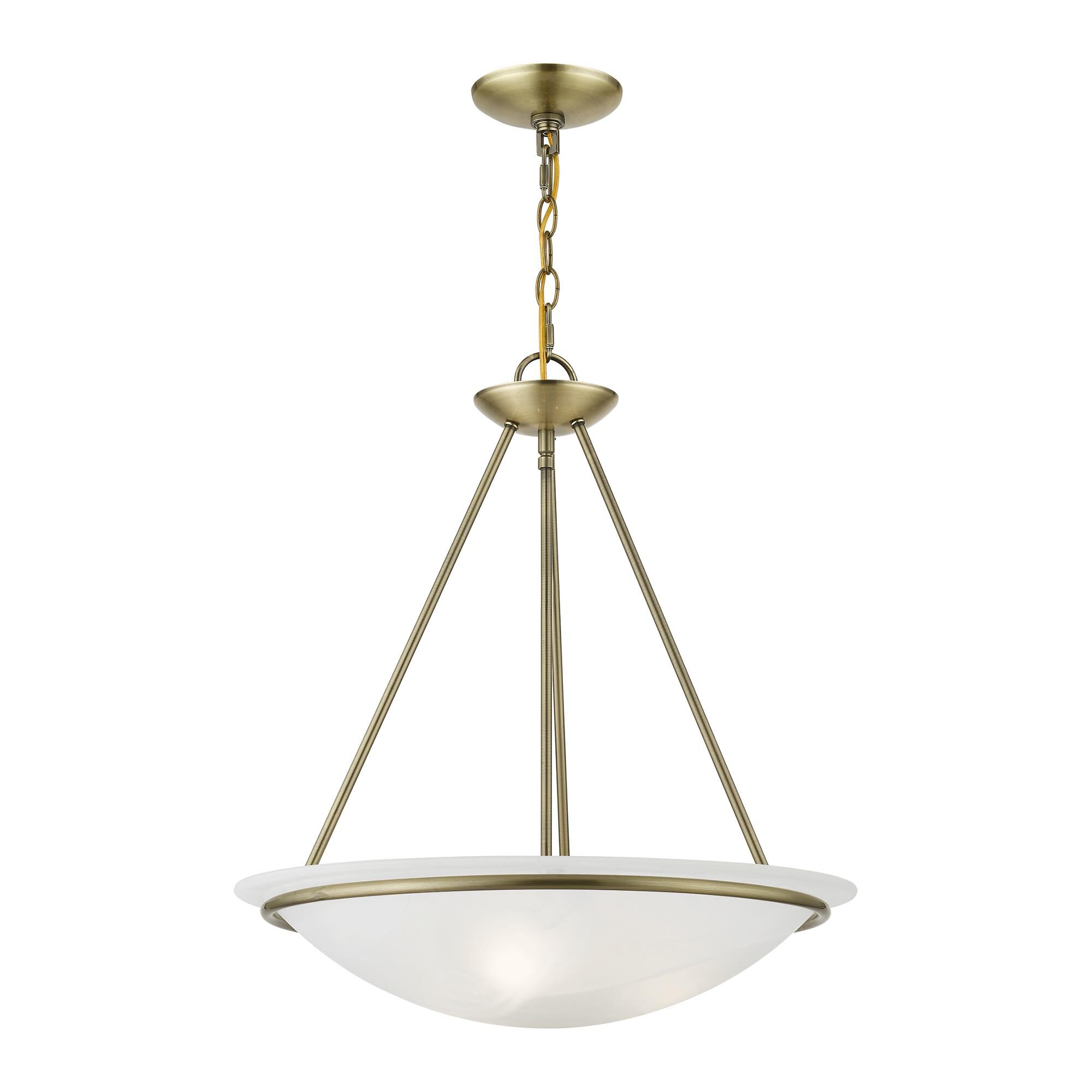 Shown in Antique Brass finish and White Alabaster glass and White Alabaster Glass shade