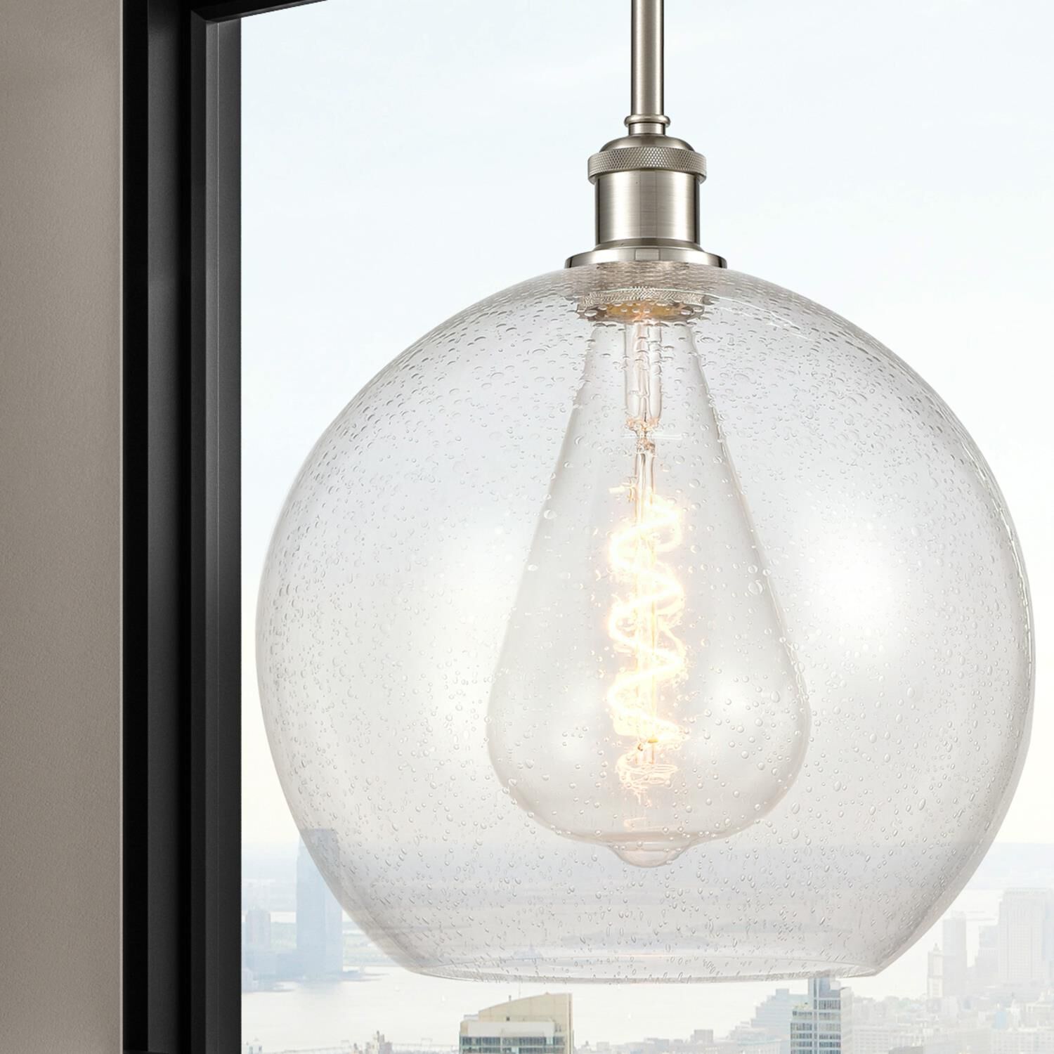 Shown in Brushed Satin Nickel finish and Seedy Large Athens glass and No Shade shade