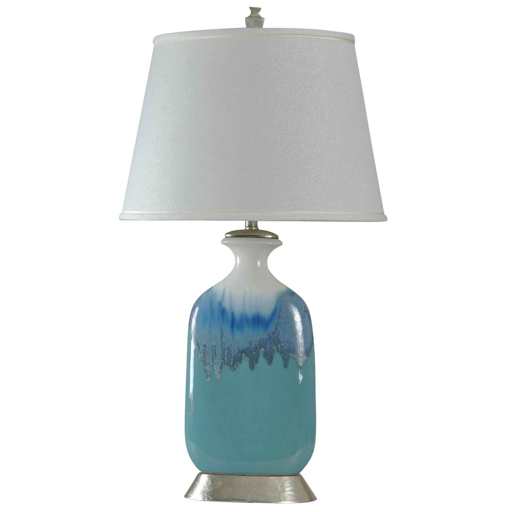 Shown in Blue And White Glaze finish and White Hardback Fabric shade