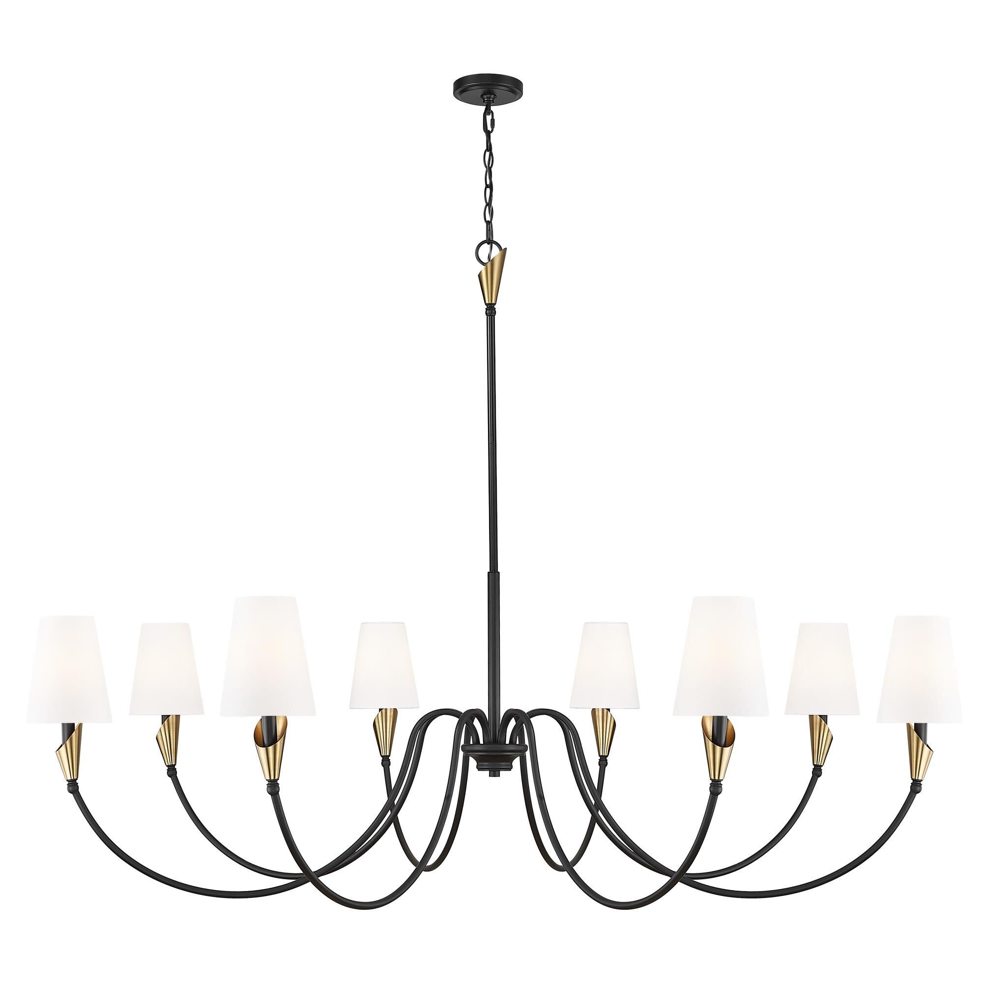 Shown in Matte Black And Modern Gold finish and White glass and White shade