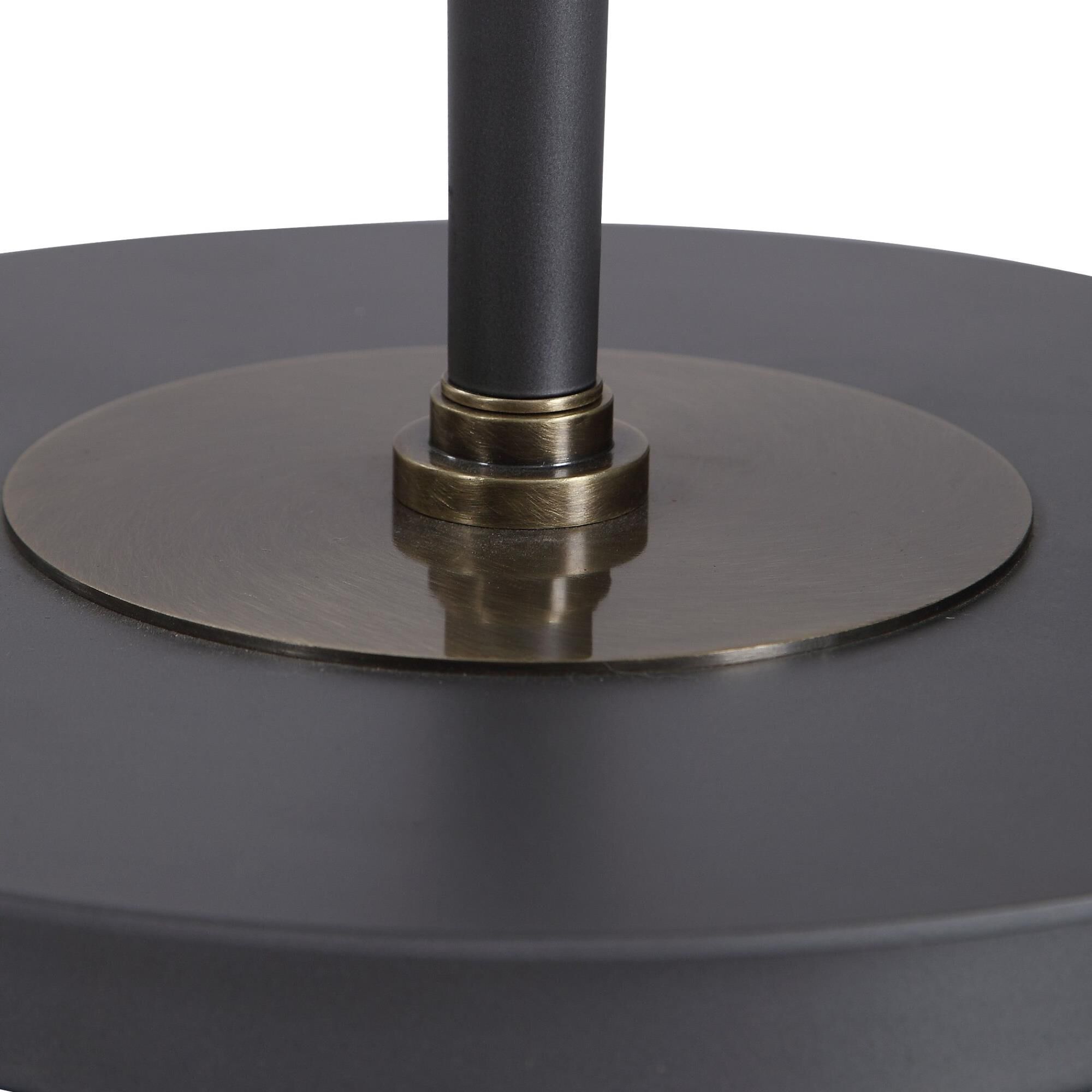 Shown in Transitional In Design, This Floor Lamp Features A Sleek Steel Base Finished In A Dark Bronze, Accen finish and Round Hardback  With Linning Background shade