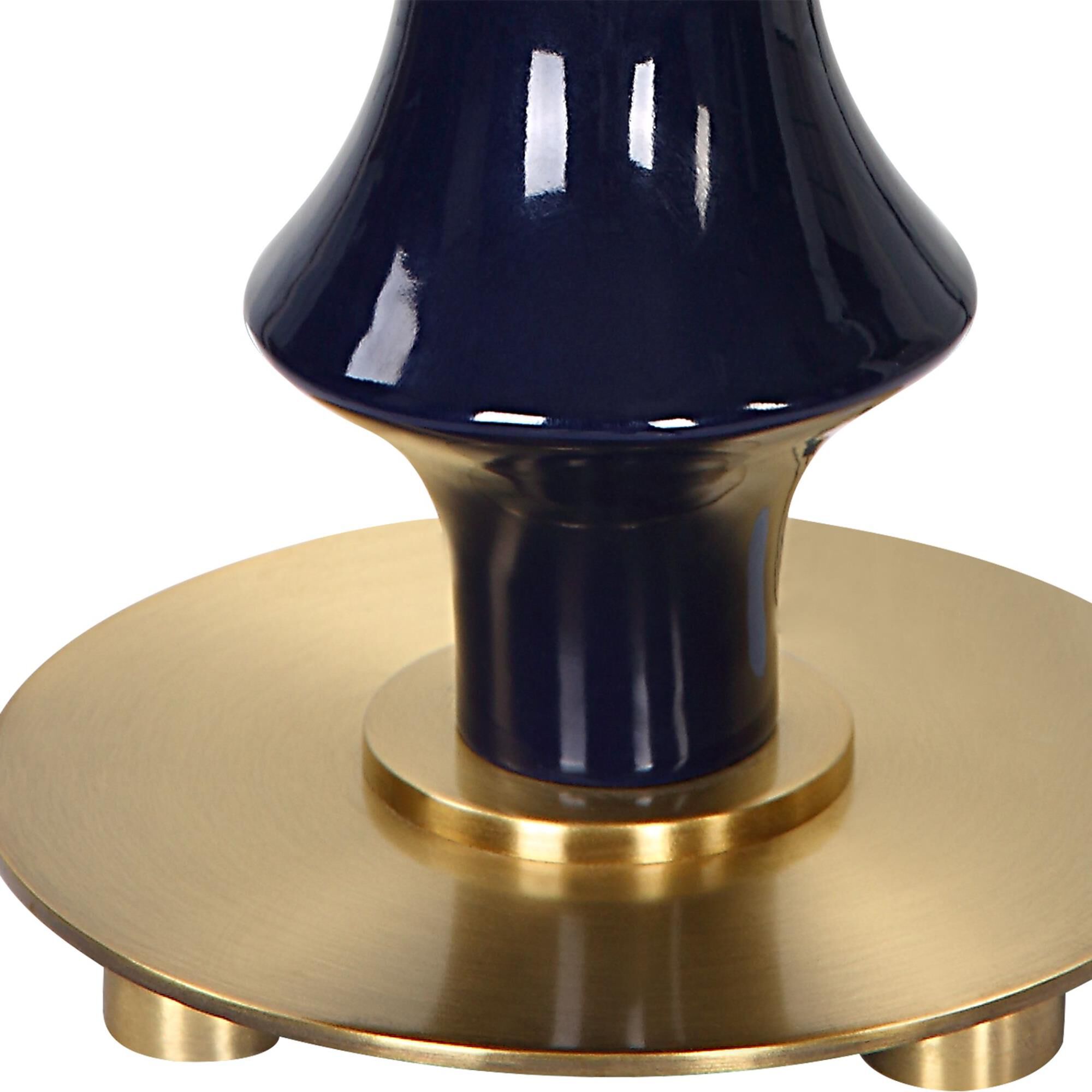 Shown in Cobalt Gloss Glaze with Antique Brass finish and Round Hardback shade