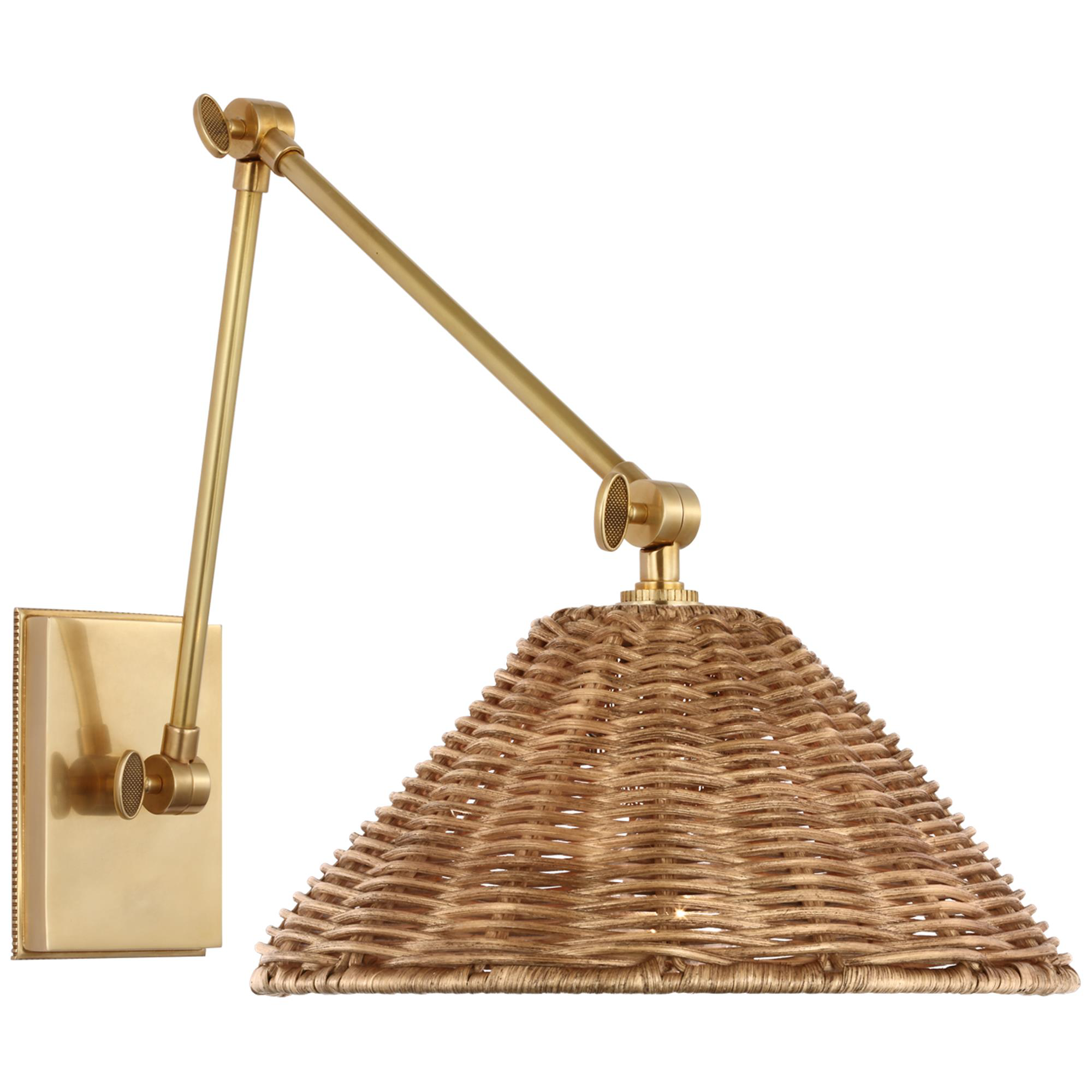 Shown in Soft Brass finish and Natural Wicker shade