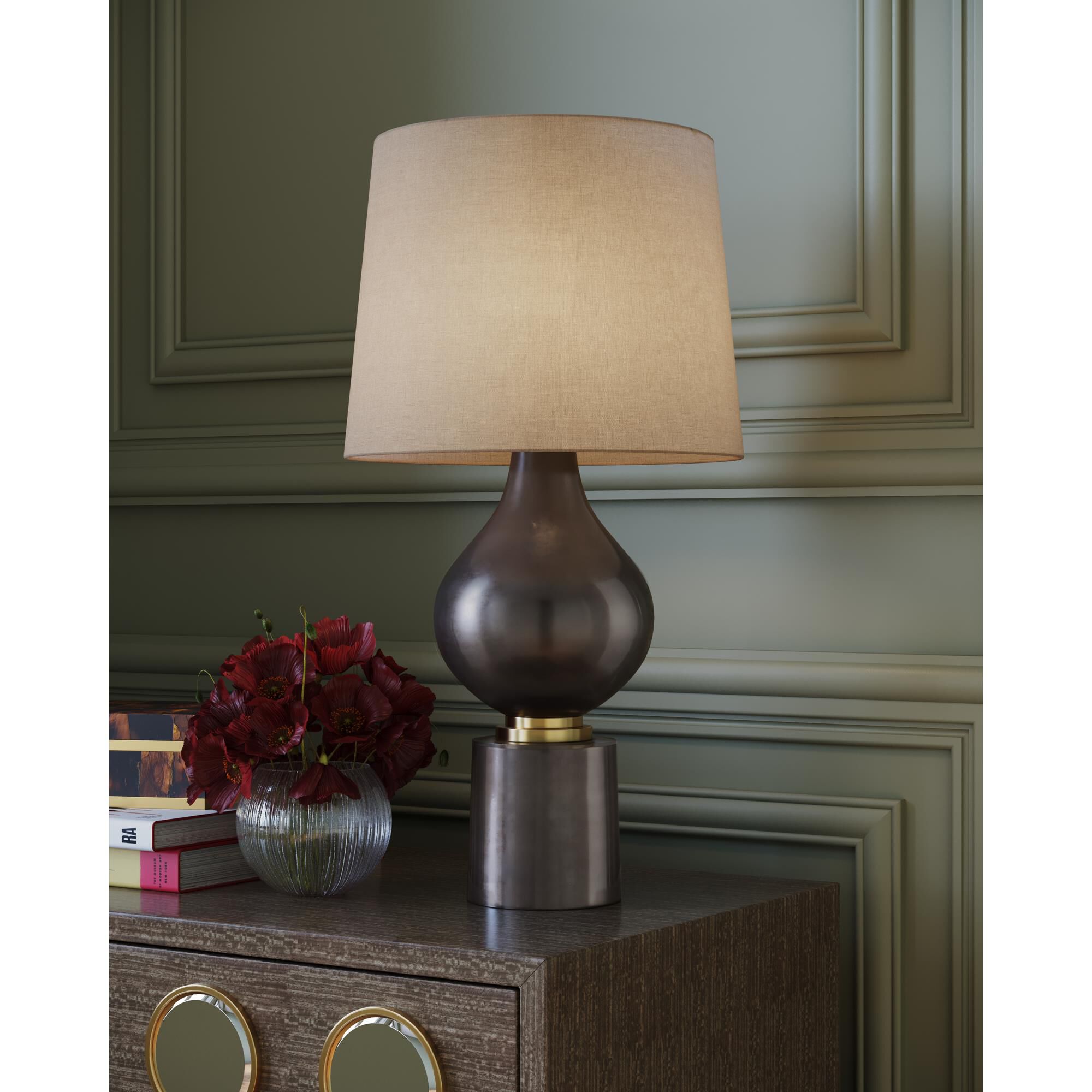 Shown in Black Nickel, Vintage Brass finish and Off-White Linen shade