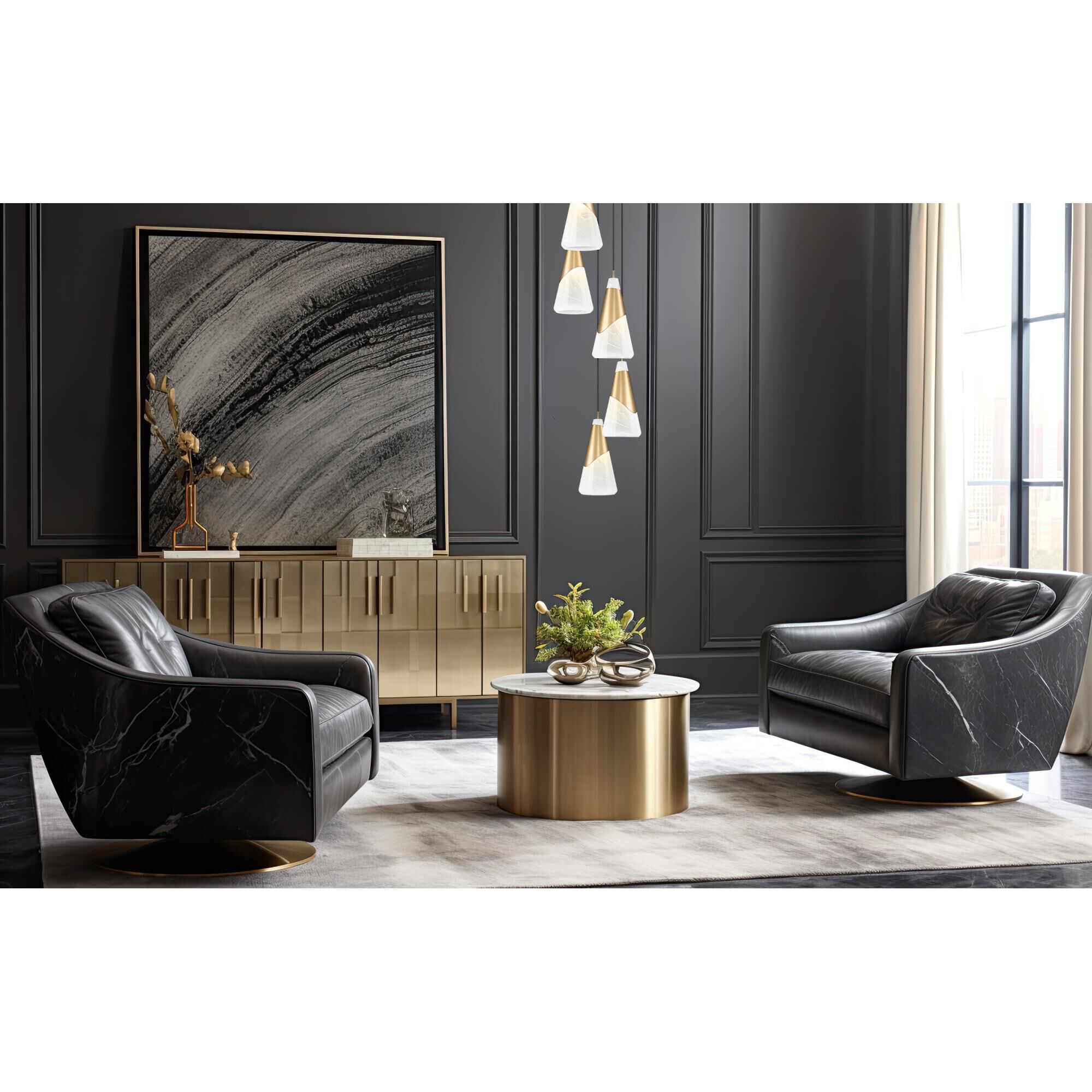 Shown in Modern Gold finish and White Swirl glass and White Swirl shade