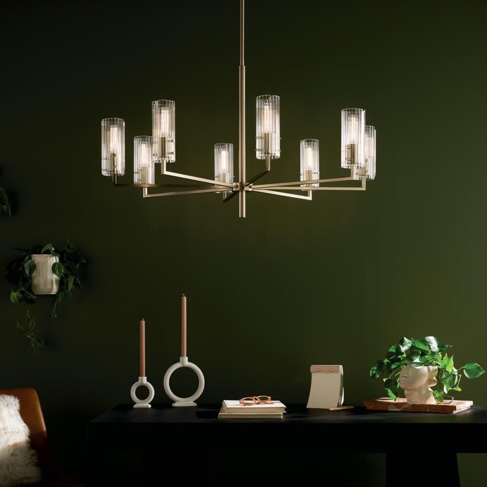 Shown in Champagne Bronze finish and Clear Fluted glass