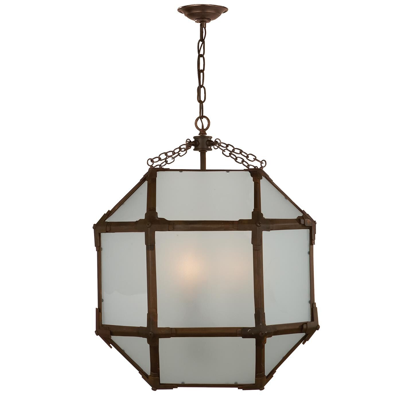 Shown in Antique Zinc finish and Frosted glass and White Glass shade and Polished Nickel accent
