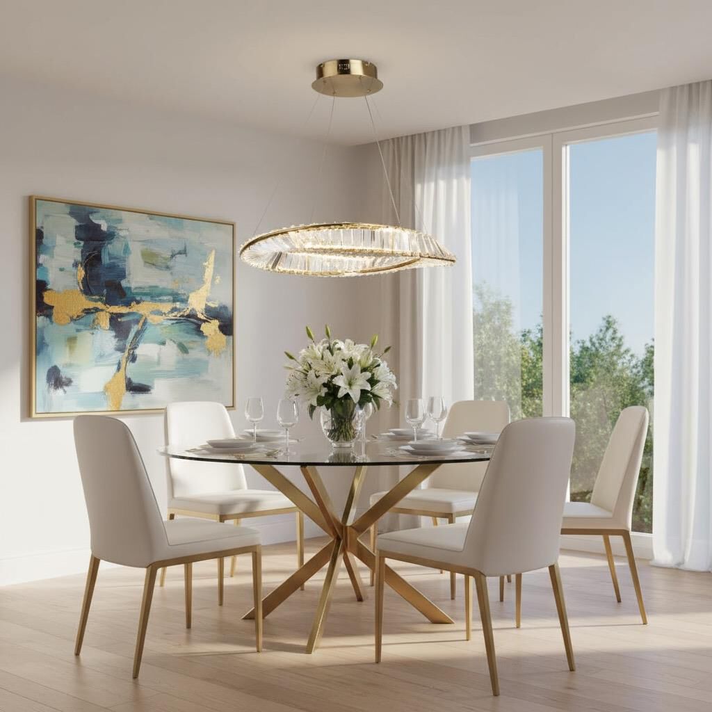 Shown in Brushed Brass finish and Clear Crystal glass