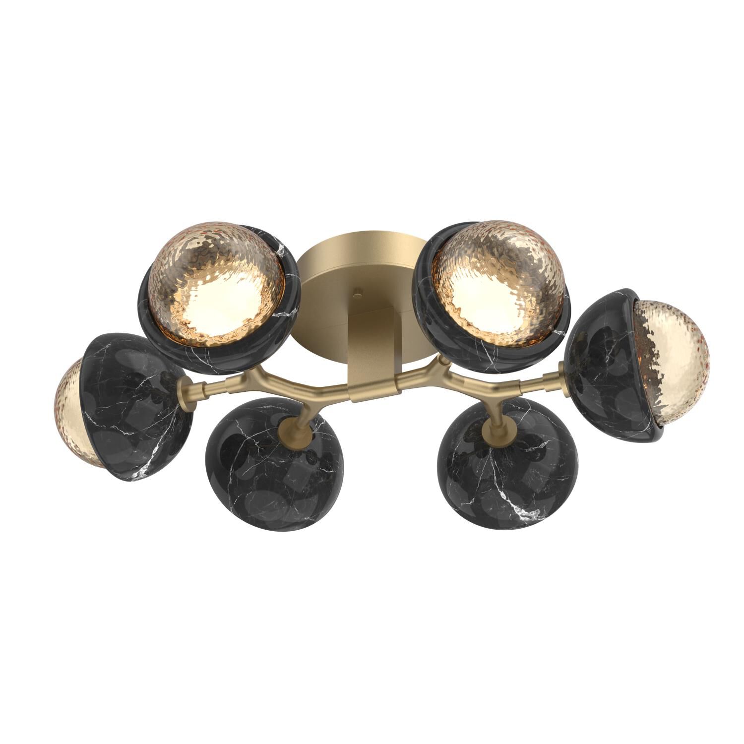 Shown in Gilded Brass finish and Amber glass and Black Marble accent