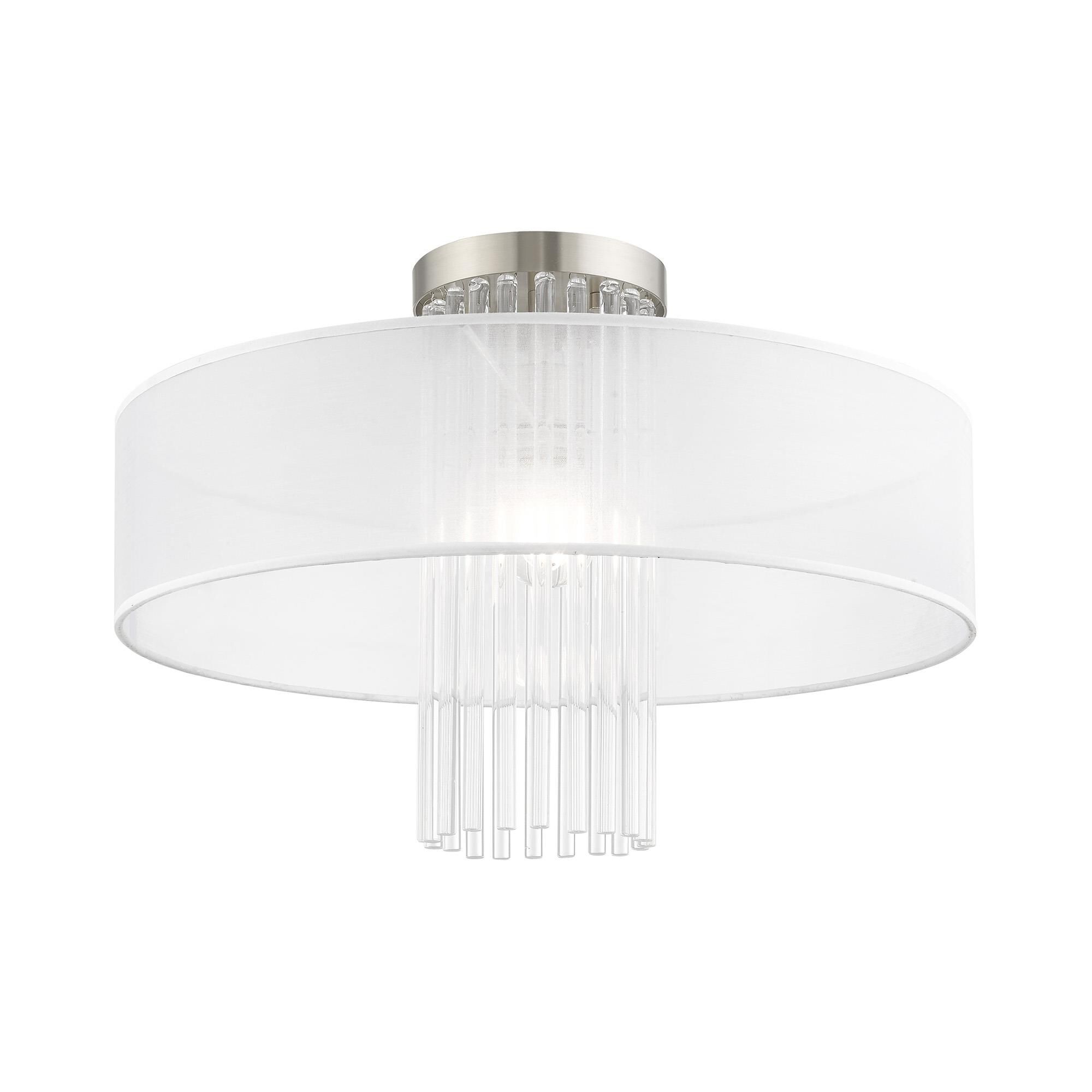 Shown in Brushed Nickel finish and Clear Crystal Rods with Hand Crafted Translucent Fabric shade