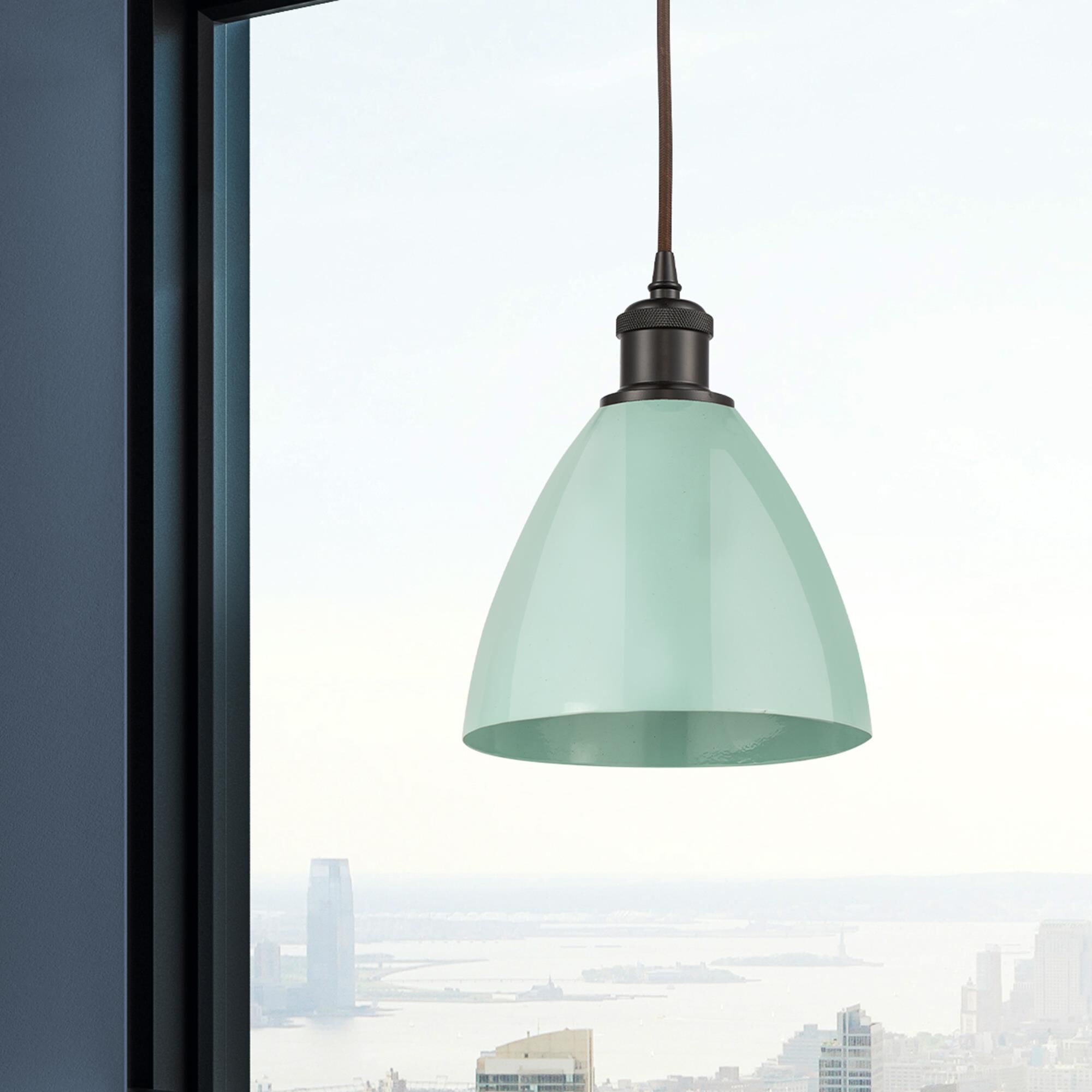 Shown in Oil Rubbed Bronze finish and Seafoam Plymouth Dome shade