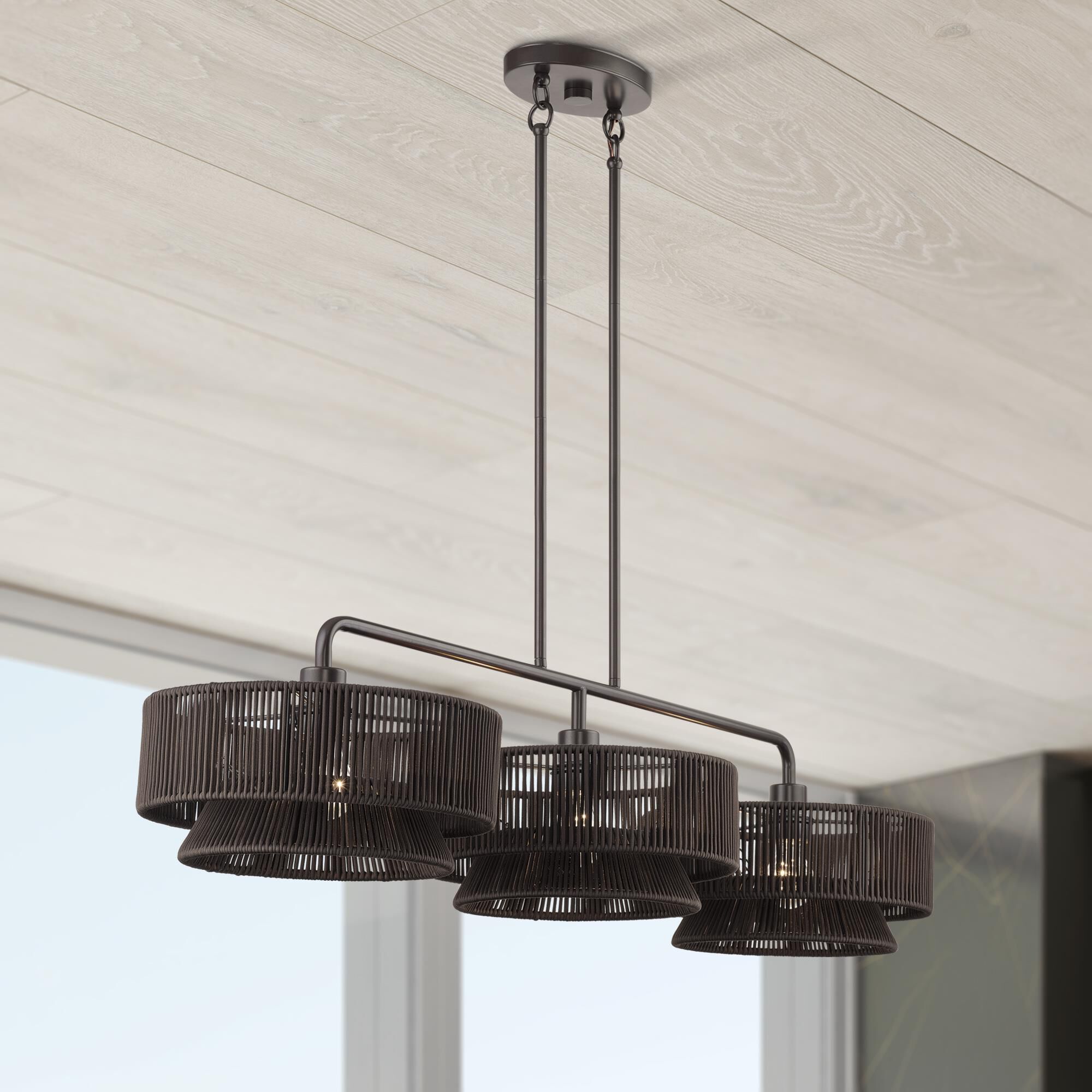 Shown in English Bronze finish and Hand-Woven Dark Chocolate Color Polyester Rope shade