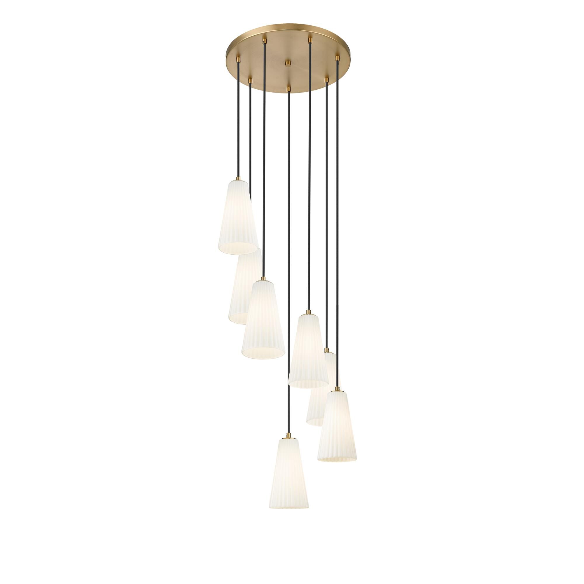 Shown in Modern Gold finish and White glass and White shade