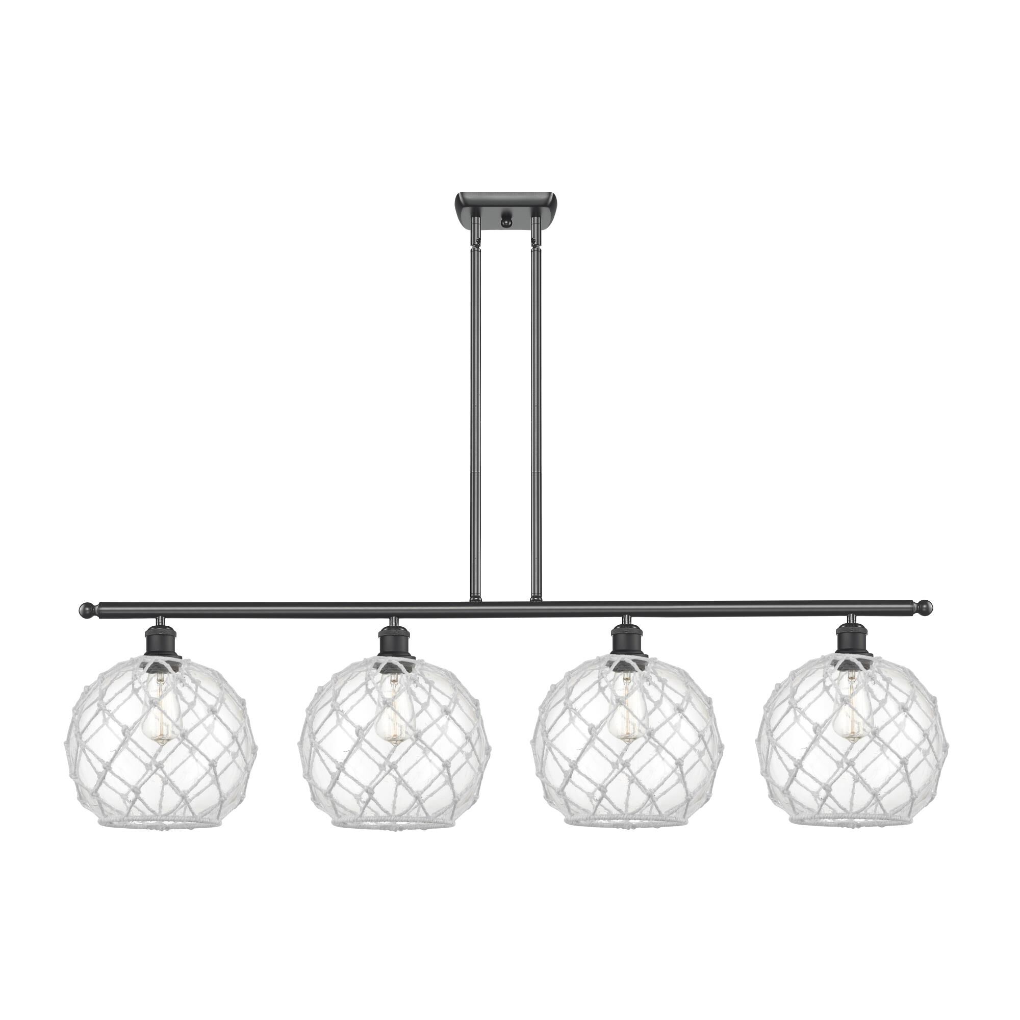 Shown in Matte Black finish and Sphere glass and Glass And Rope shade