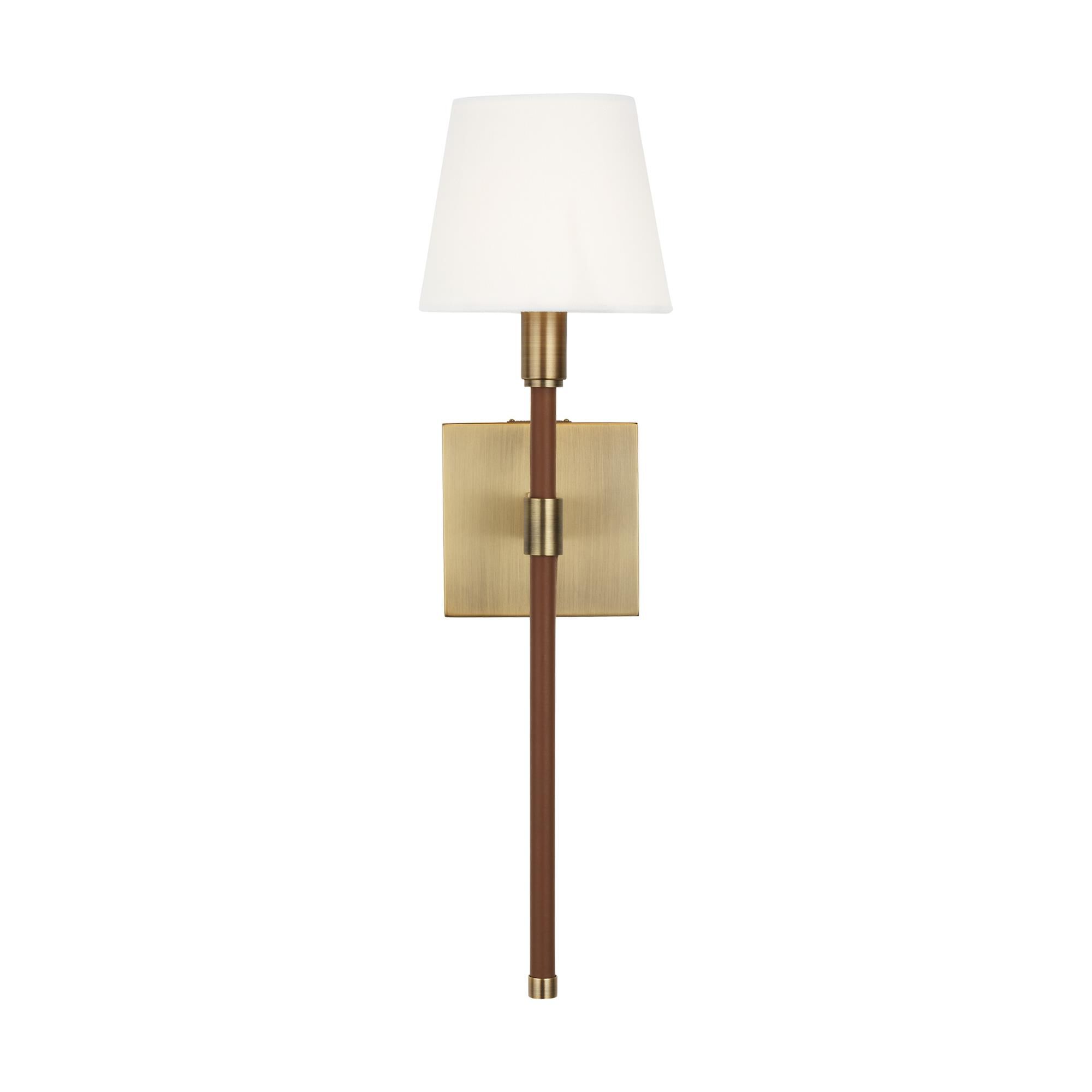 Shown in Time Worn Brass finish and White Linen Fabric shade