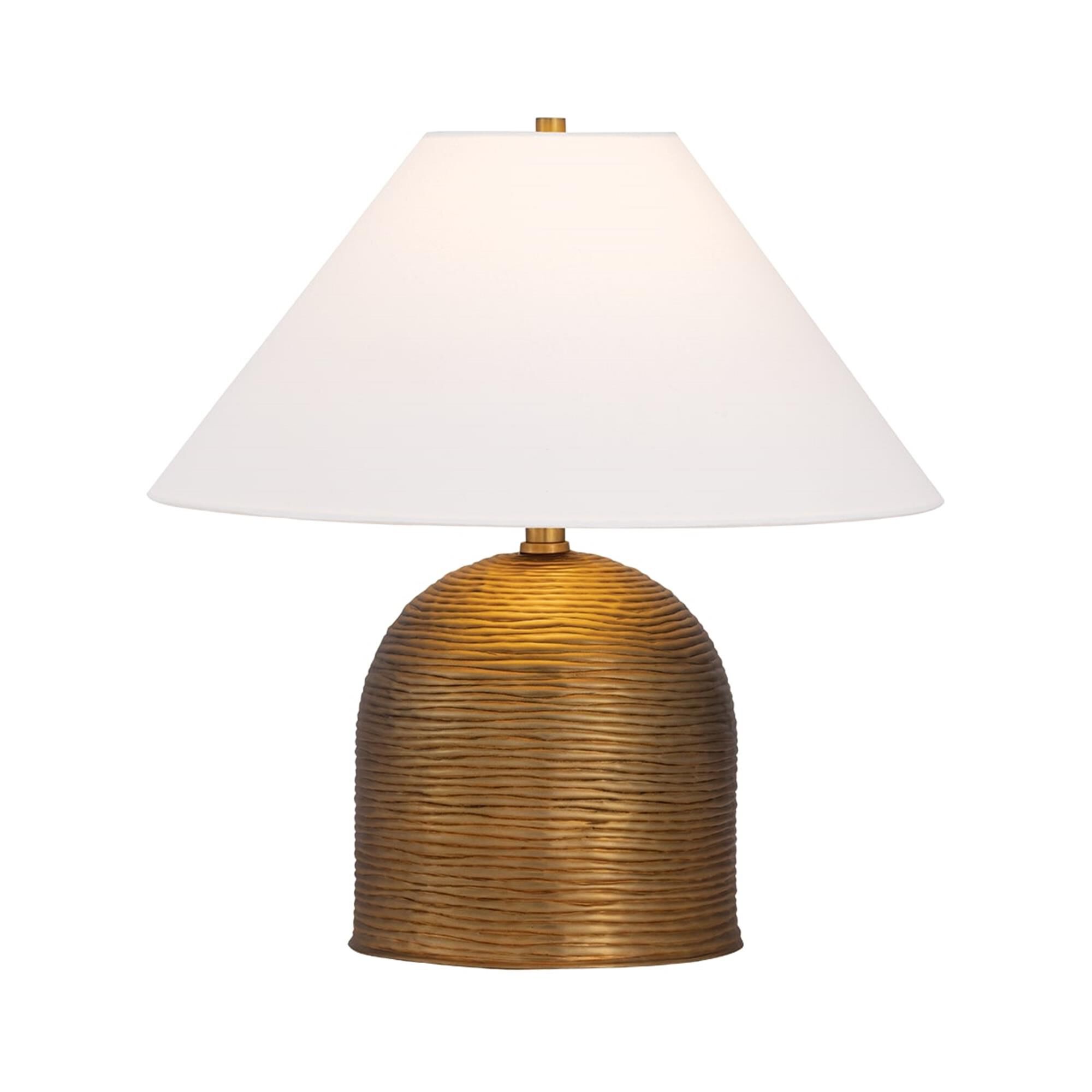 Shown in Patina Brass finish and Off White Linen shade