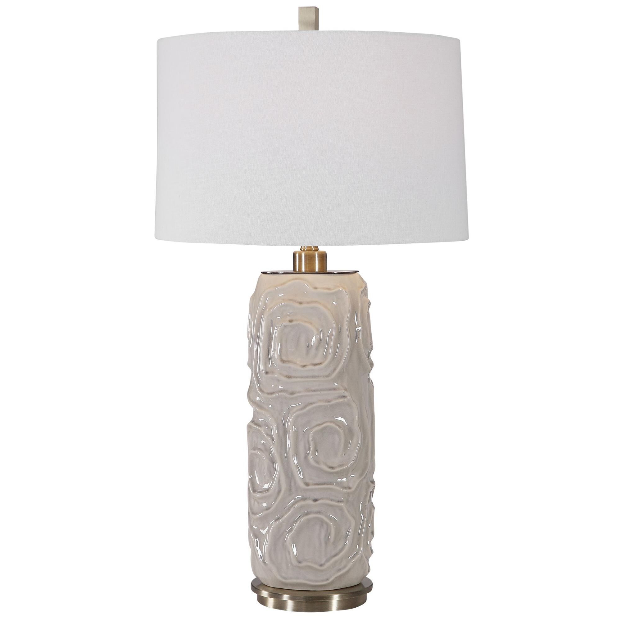 Shown in This Ceramic Table Lamp Features A Geometric Patterned Design And Is Finished In A Light Warm Gray C finish and Round Hardback shade