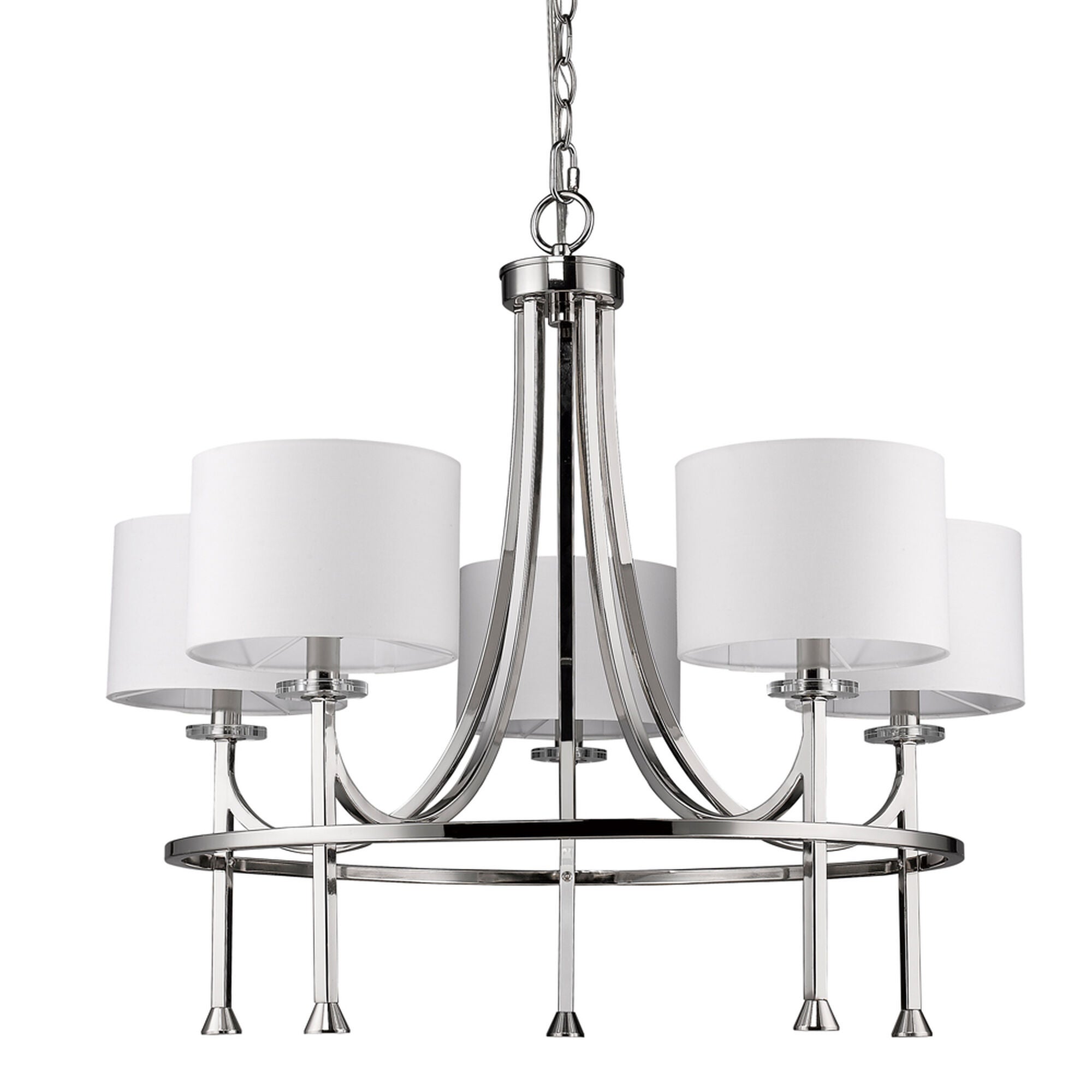 Shown in Polished Nickel finish and White glass and White Cylindrical Fabric s shade