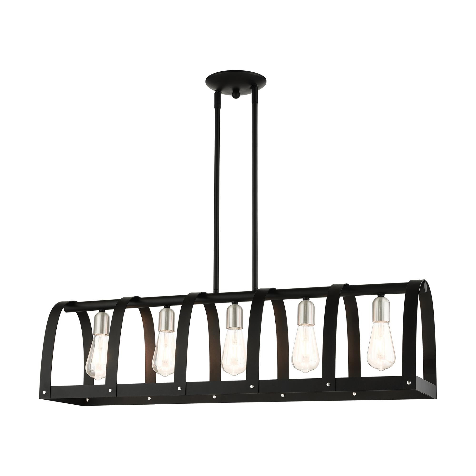 Shown in Textured Black finish and Textured Black Steel  With Brushed Nickel Accents shade