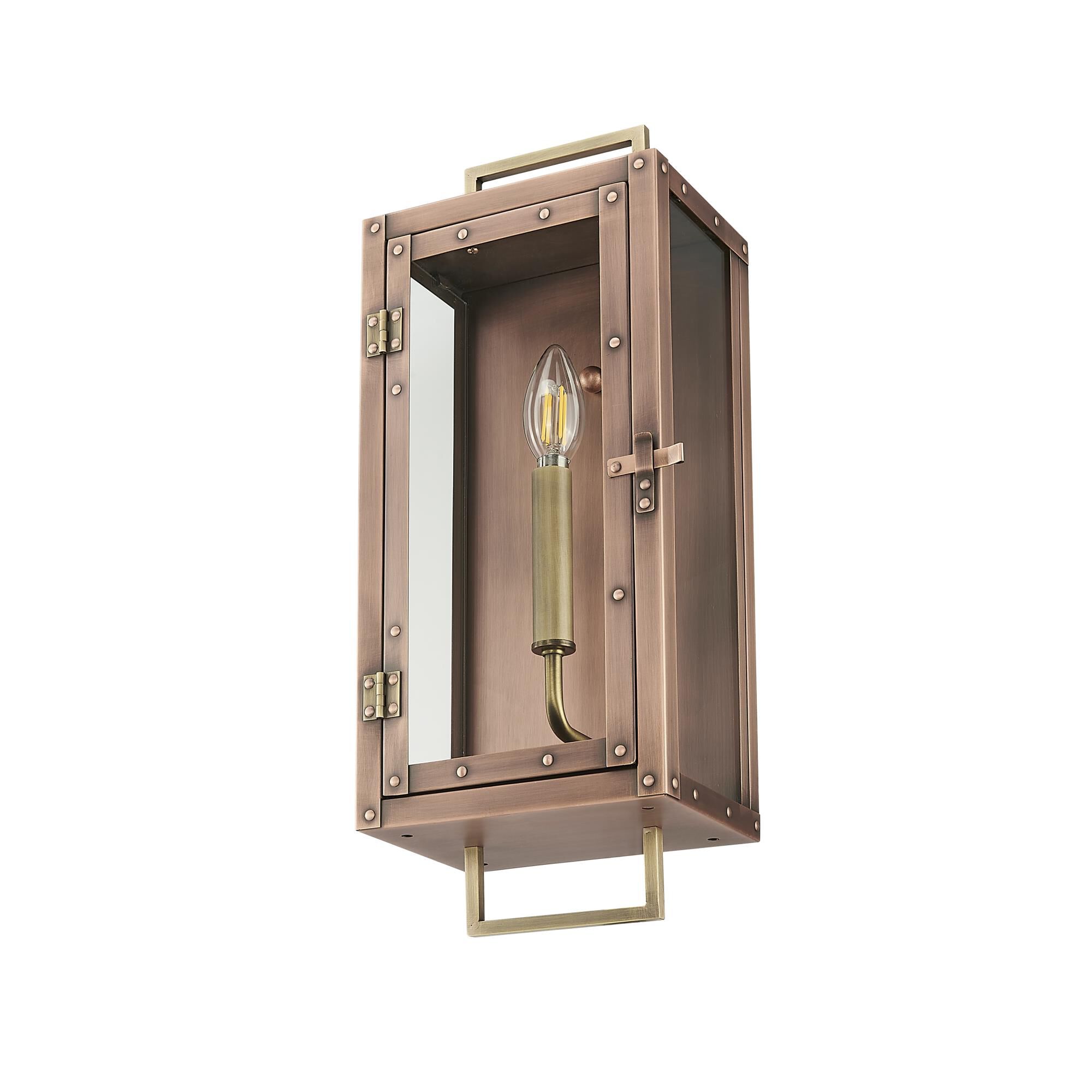 Shown in Antique Copper With Brass Accents finish and Clear Glass Panes shade