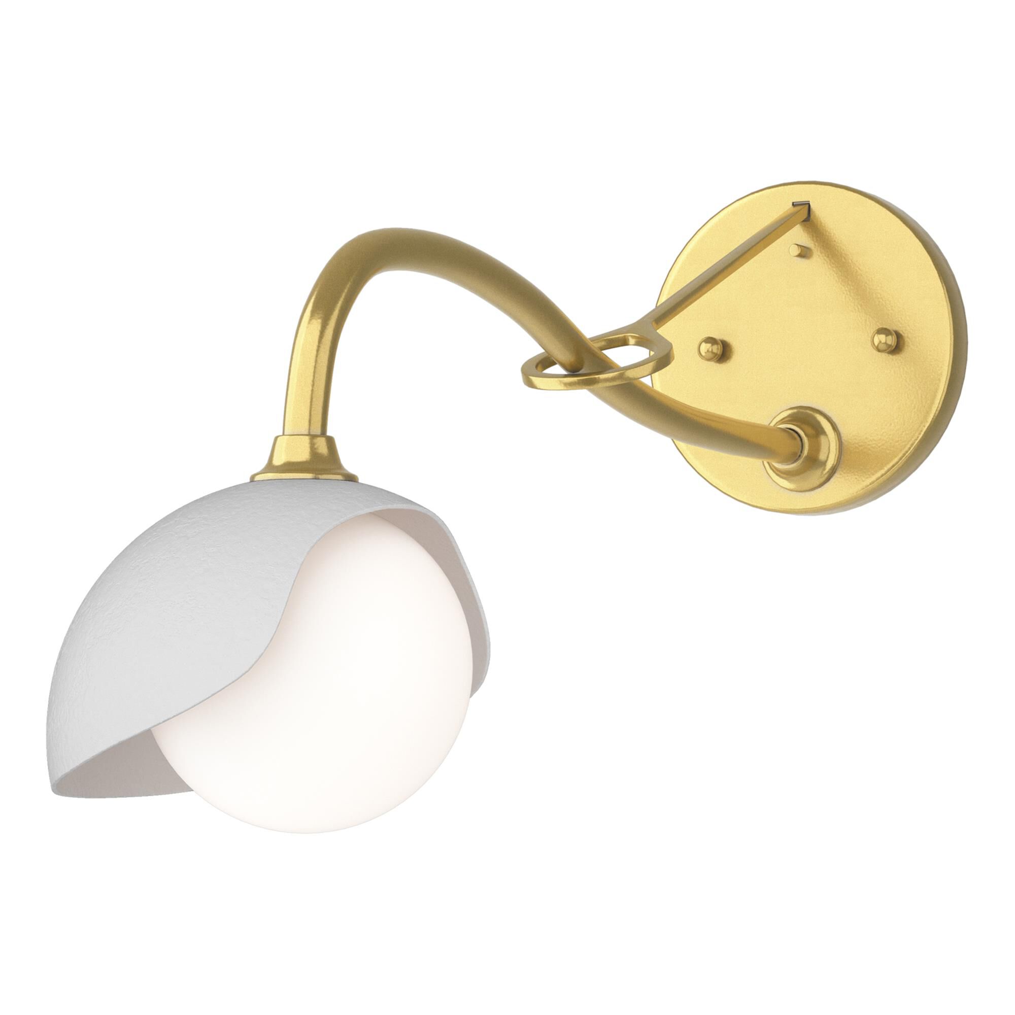 Shown in Modern Brass finish and Opal glass and White accent