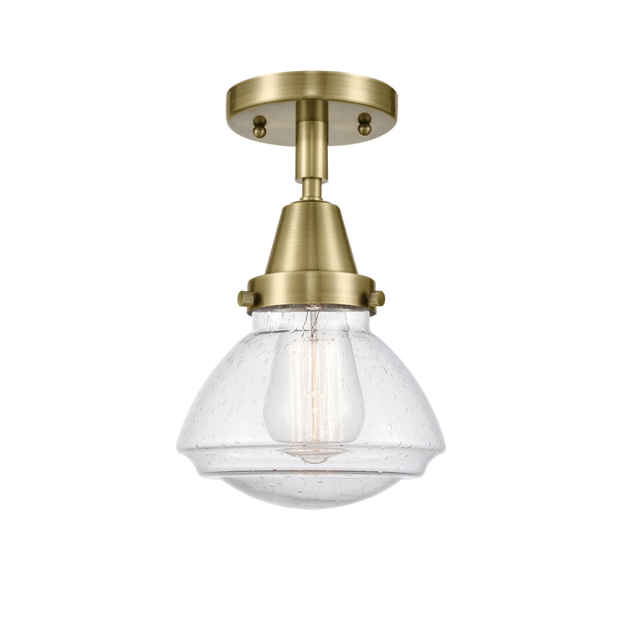 Shown in Antique Brass finish and Seedy Olean glass and No Shade shade