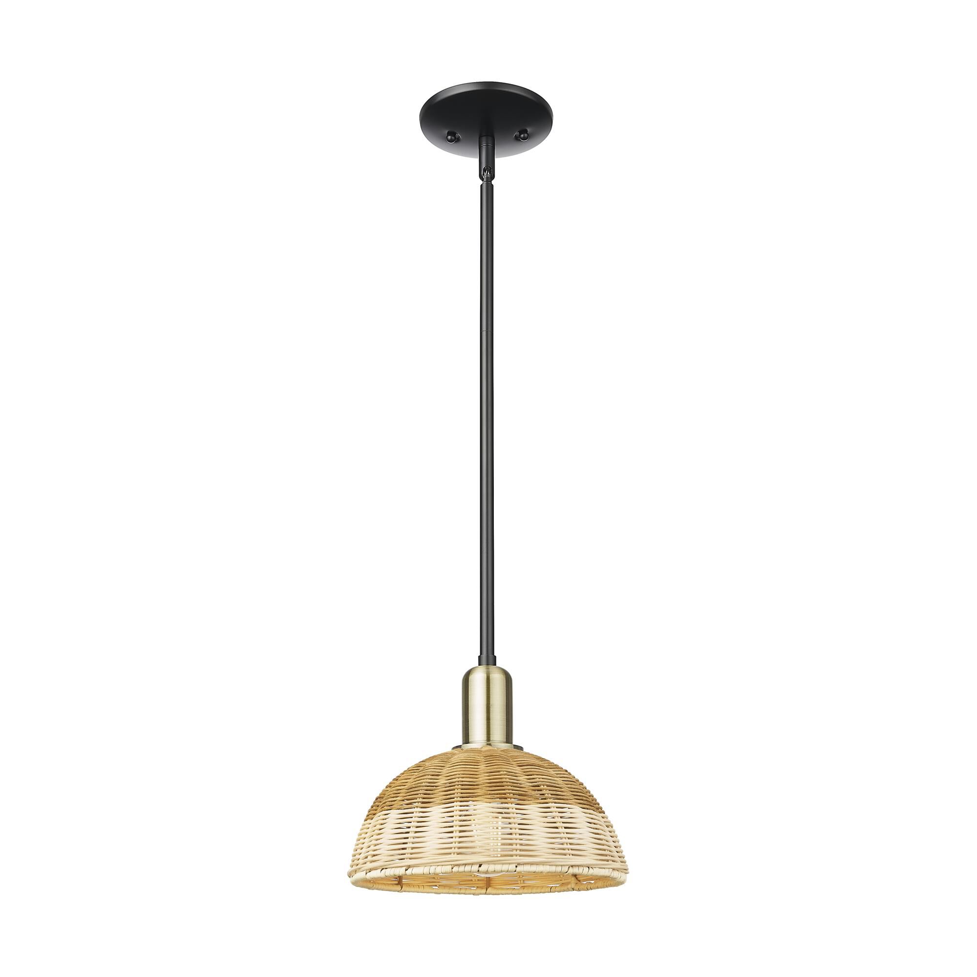 Shown in Black Antique Brass finish and Natural Fiber shade