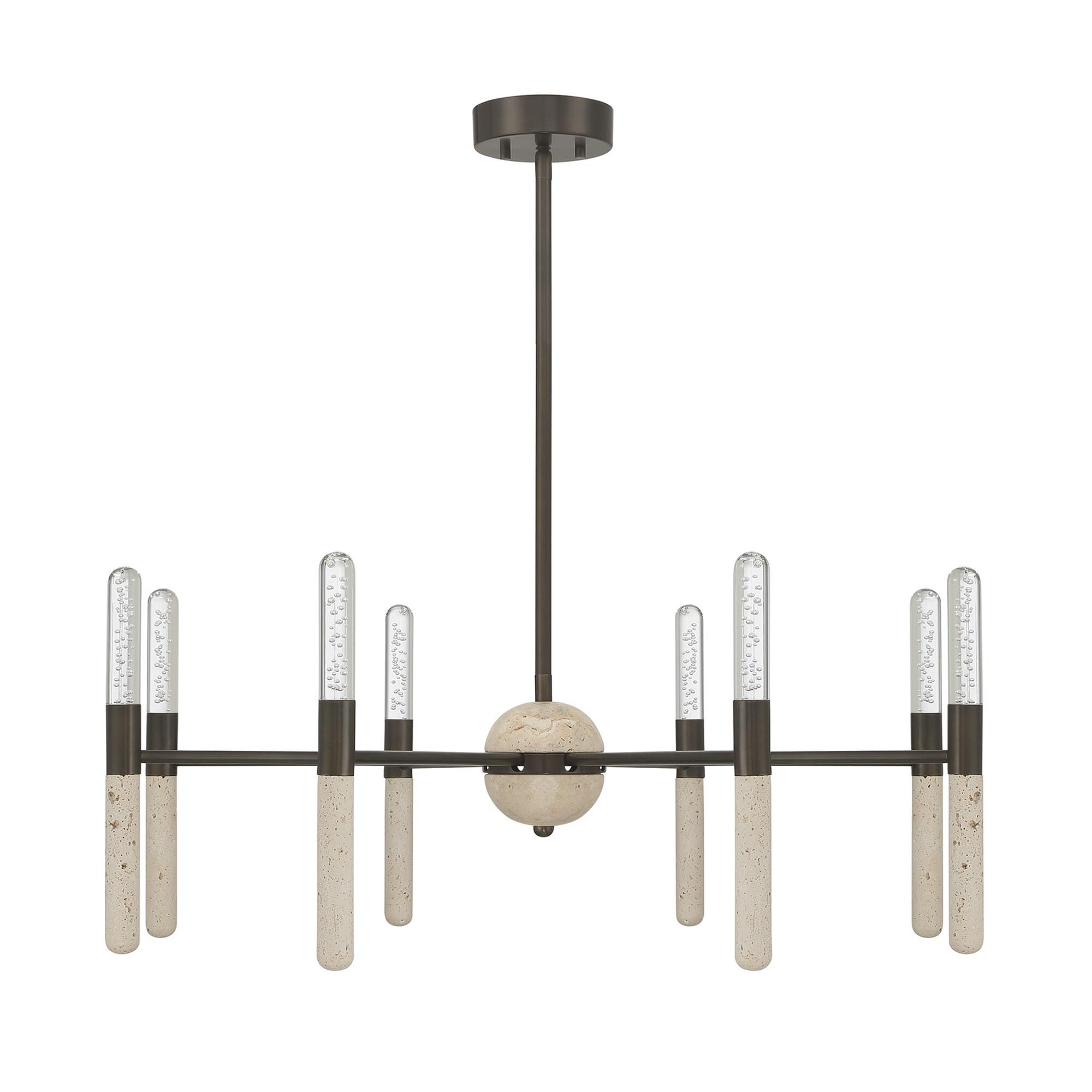 Shown in Mediterranean Bronze finish and Clear Seeded glass and Beige Travertine accent