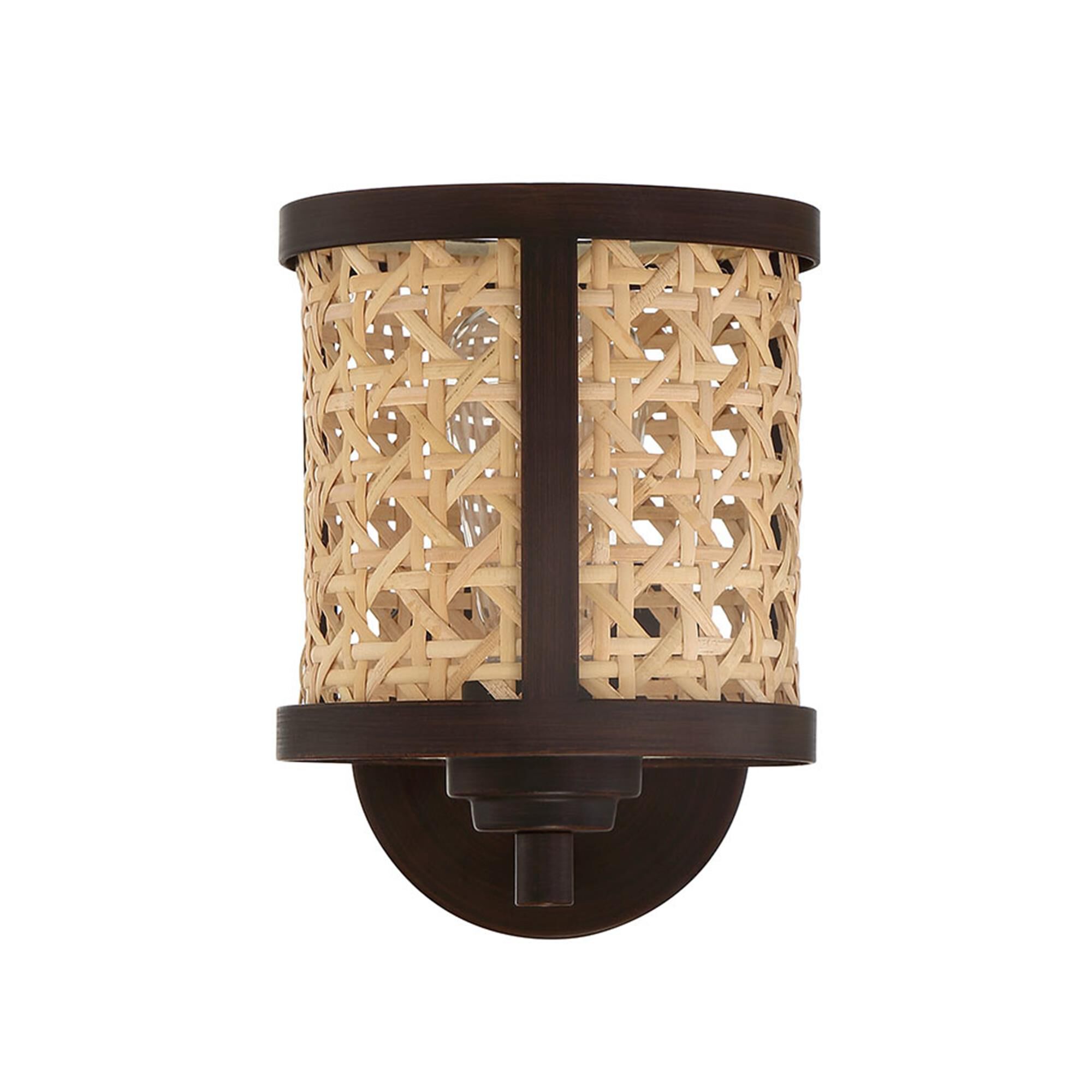 Shown in Aged Bronze Brushed finish and Natural glass and Rattan shade
