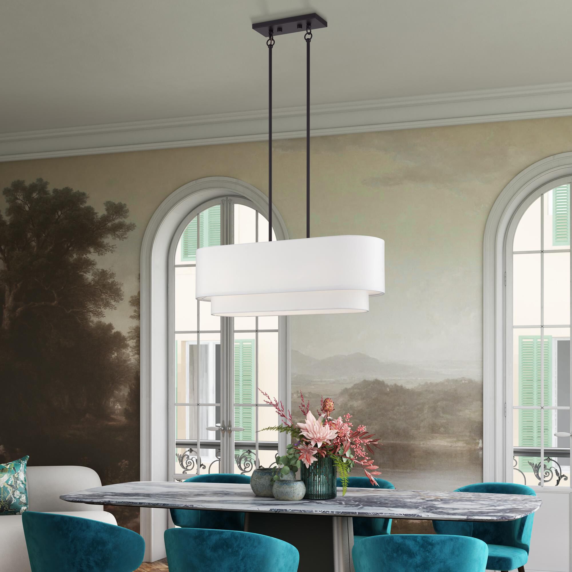 Shown in Bronze finish and Hand Crafted Off-White Fabric Hardbacks with White Fabric Inside shade