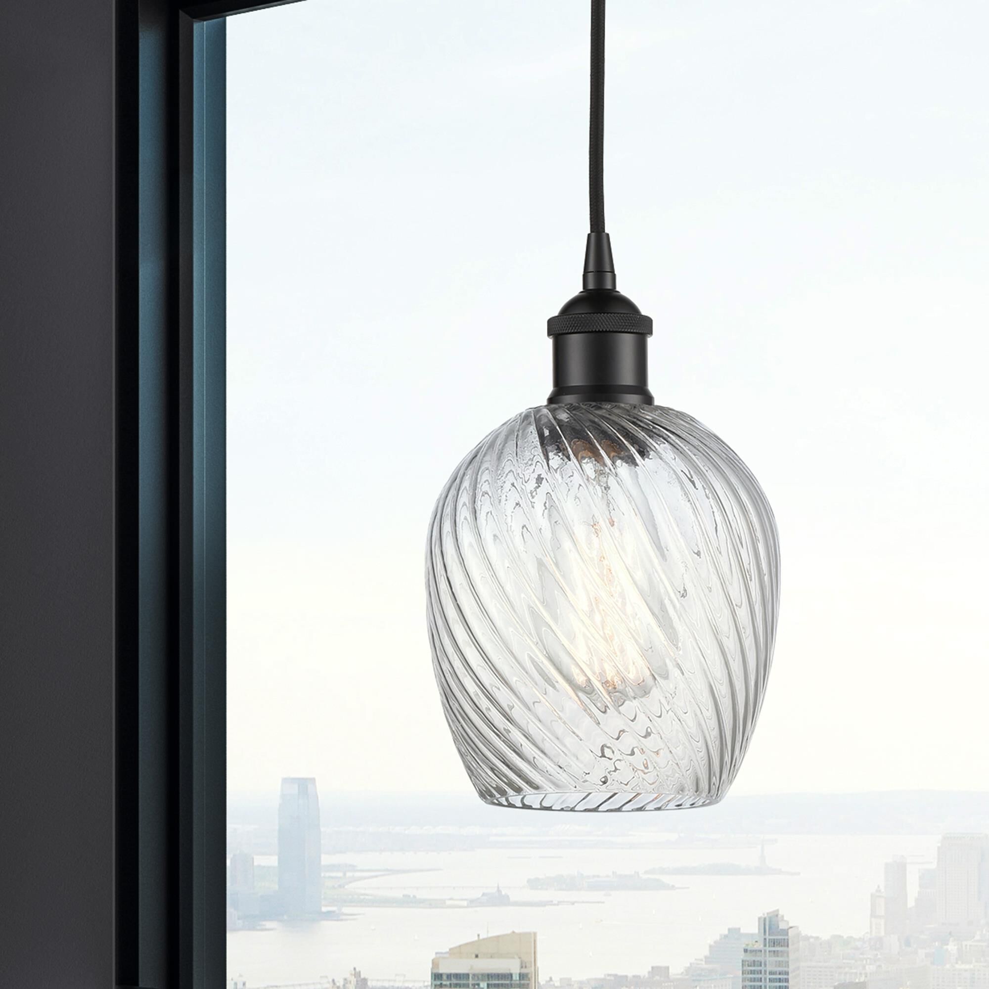 Shown in Matte Black finish and Clear Spiral Fluted Salina glass