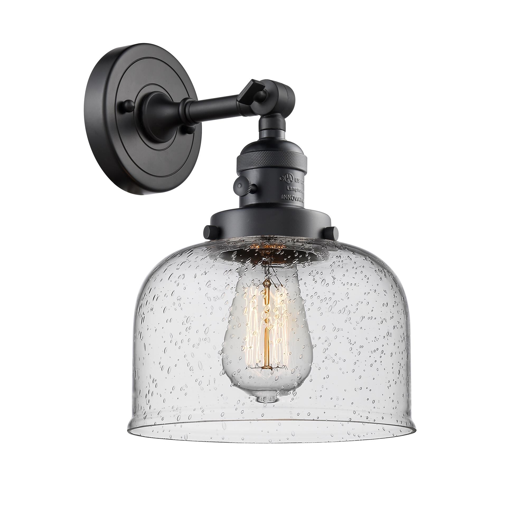 Shown in Matte Black finish and Seedy Large Bell glass and Switch on Socket accent