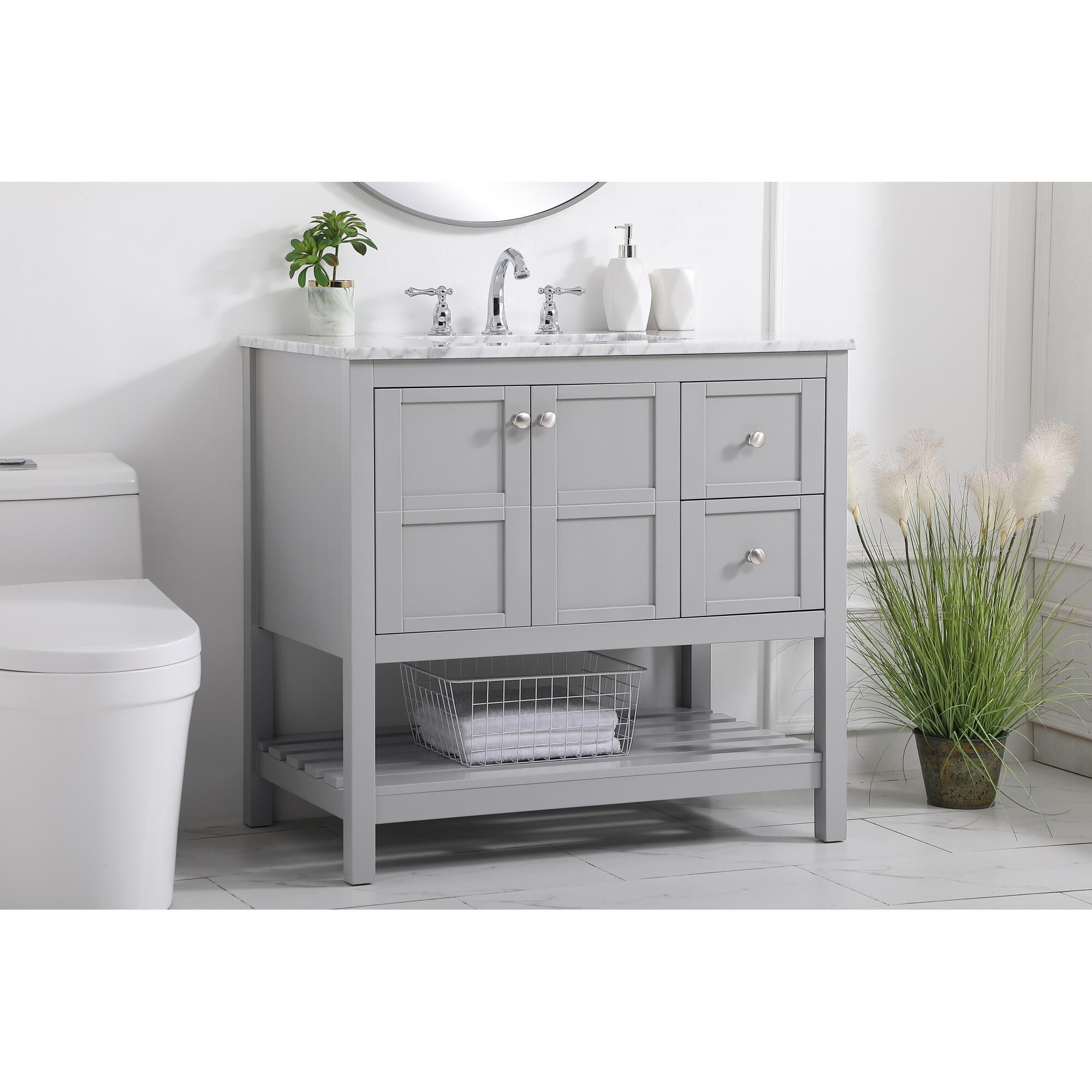 Shown in Gray And Brushed Nickel With Carrara White Marble finish