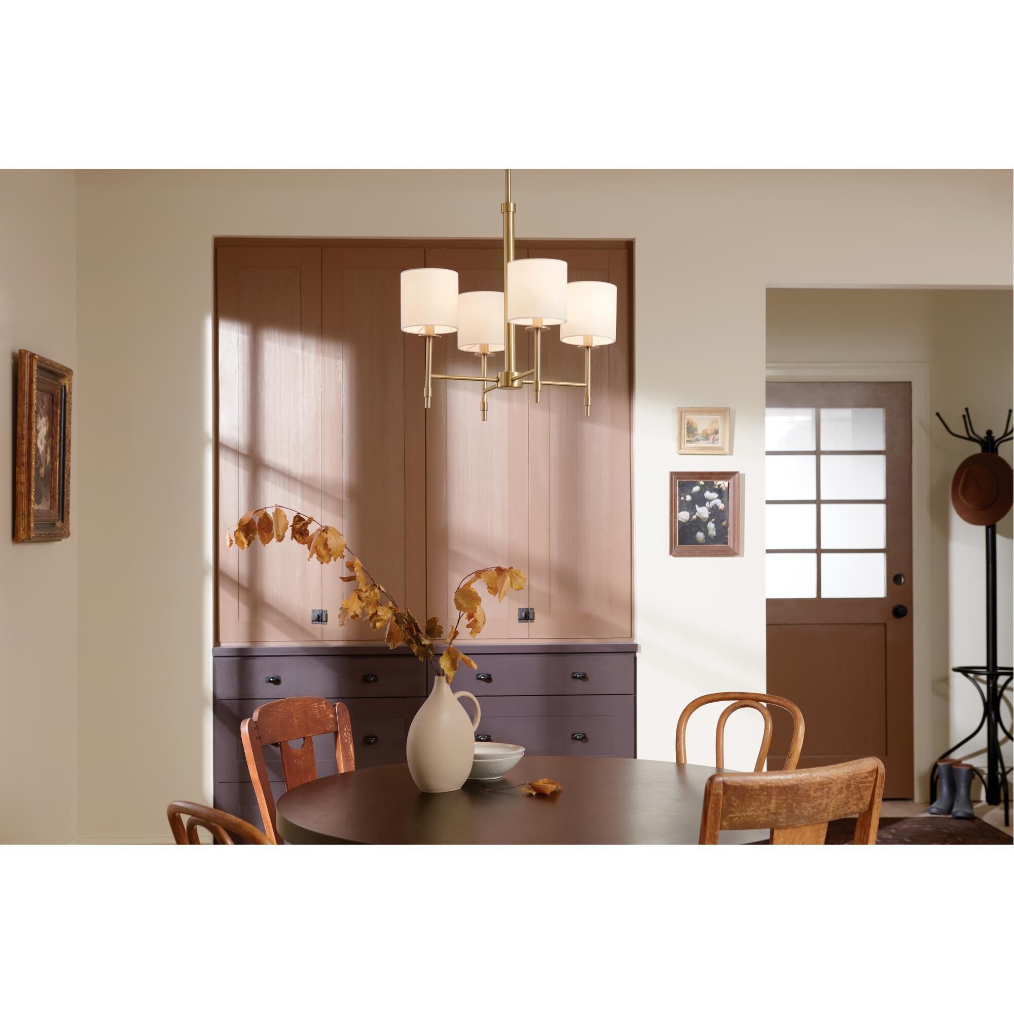 Shown in Brushed Natural Brass finish and Fabric and Drum shade