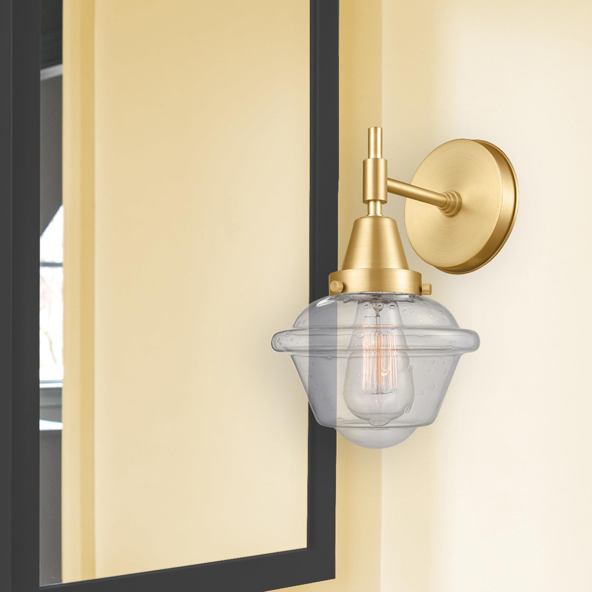 Shown in Satin Gold finish and Seedy Small Oxford glass