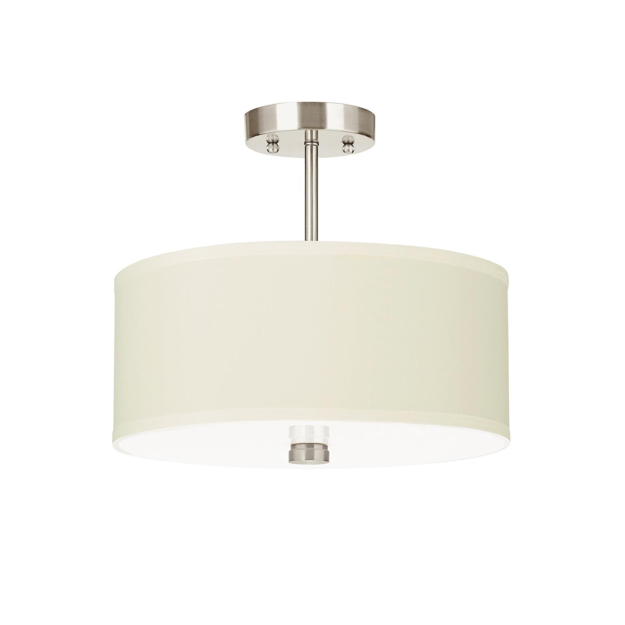 Shown in Brushed Nickel finish and White Acrylic Diffuser And Faux Silk Fabric Shade glass and White Acrylic Diffuser And Faux Silk Fabric shade