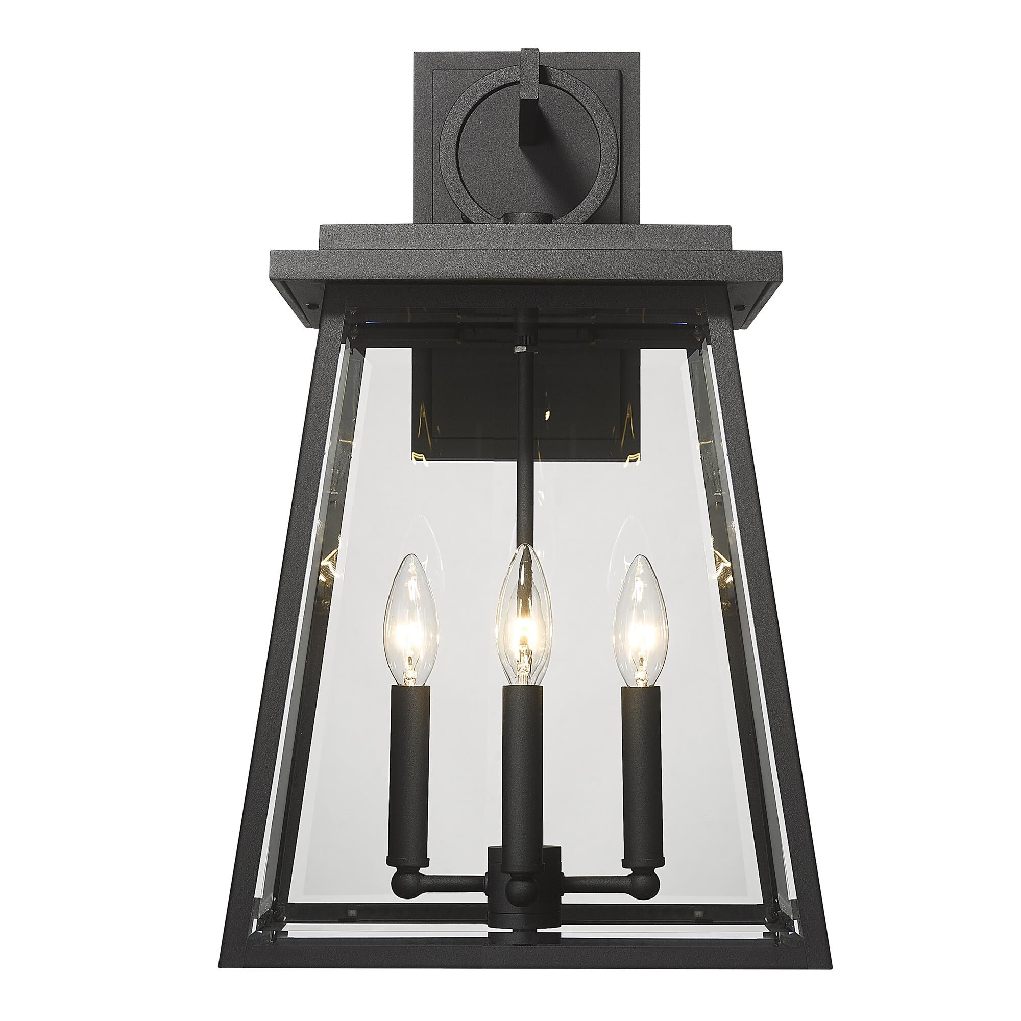 Shown in Black finish and Clear Beveled glass