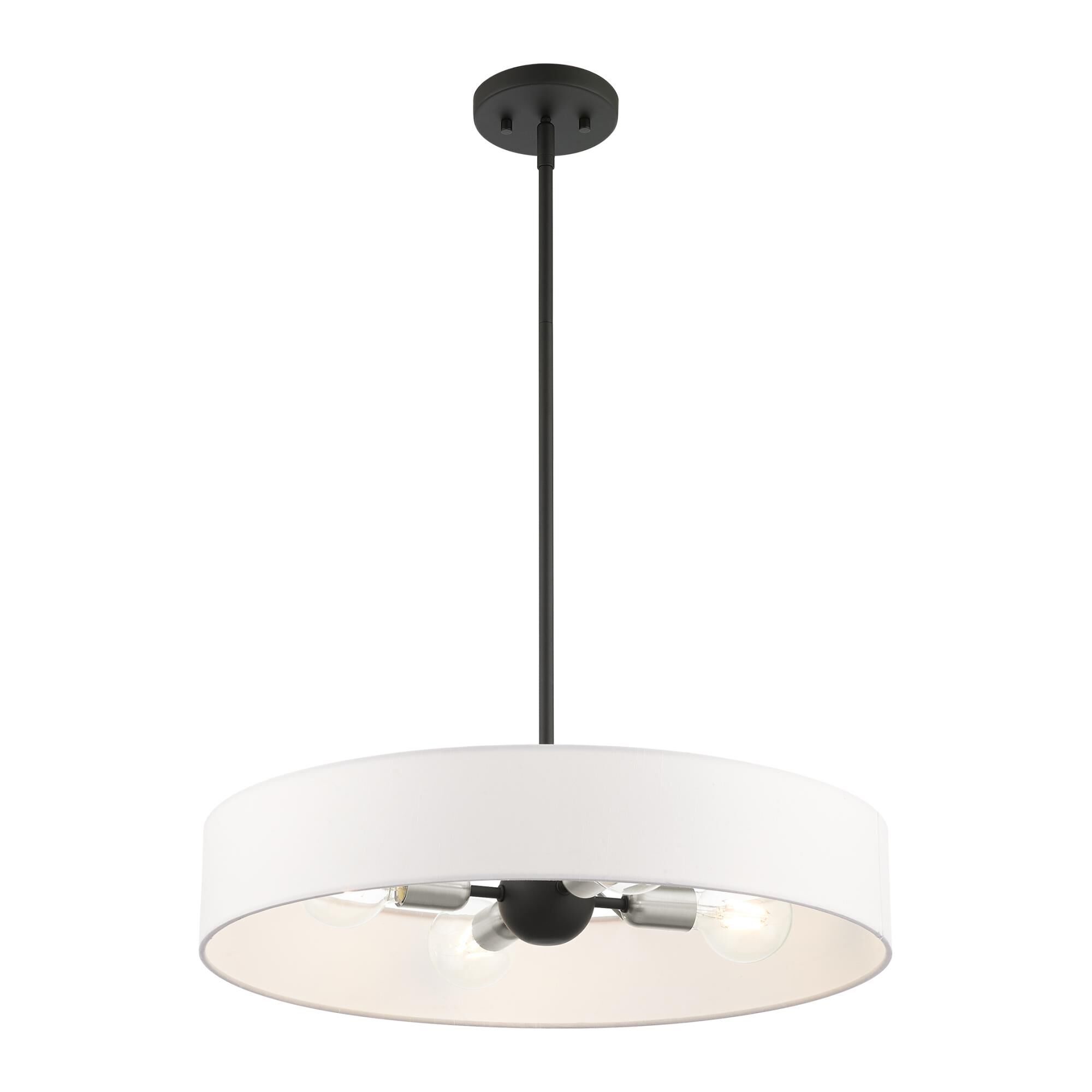 Shown in Black With Brushed Nickel Accents finish and Hand Crafted Off White Fabric Hardback Shade glass and Hand Crafted Off White Fabric Hardback shade