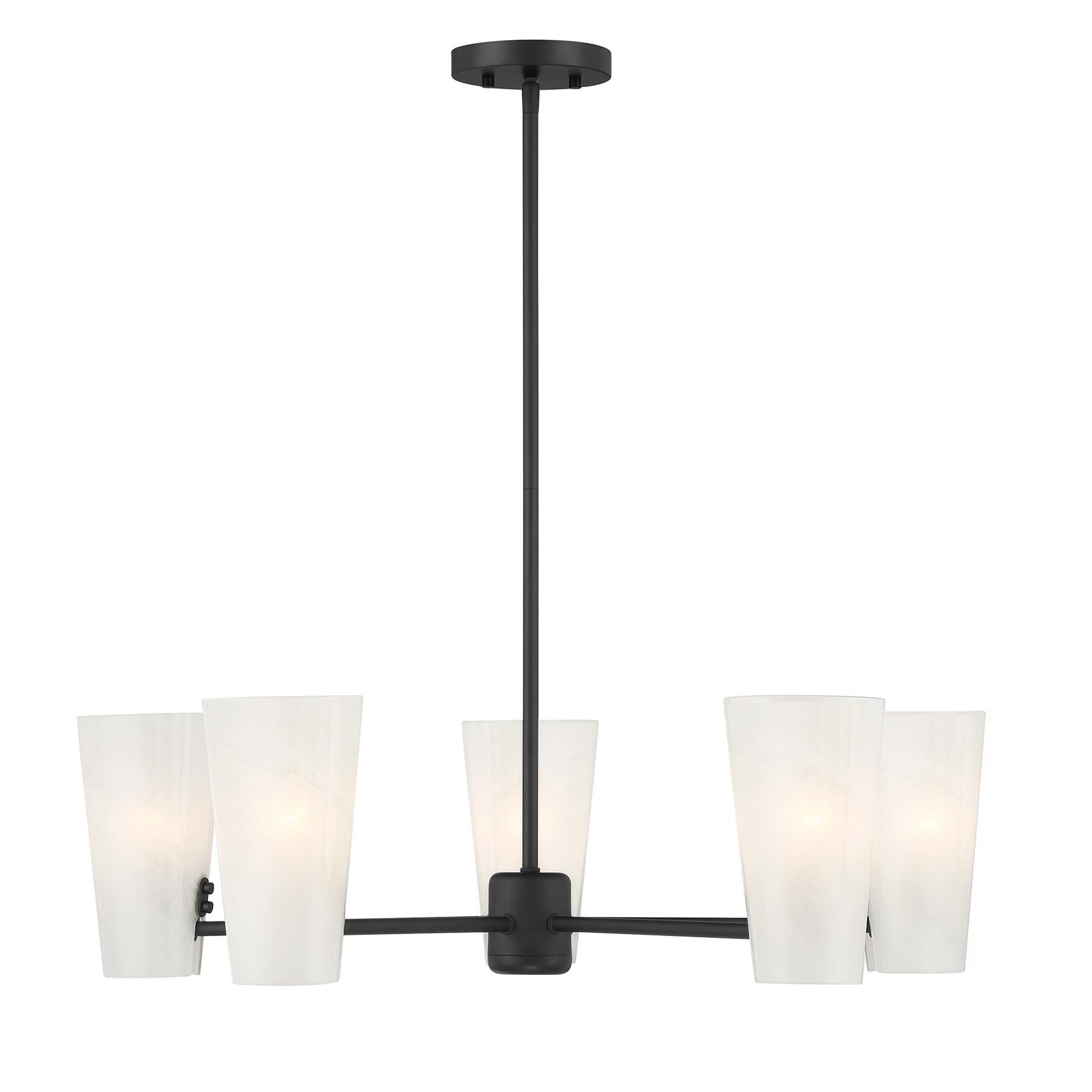 Shown in Matte Black finish and White Strie glass and Glass shade