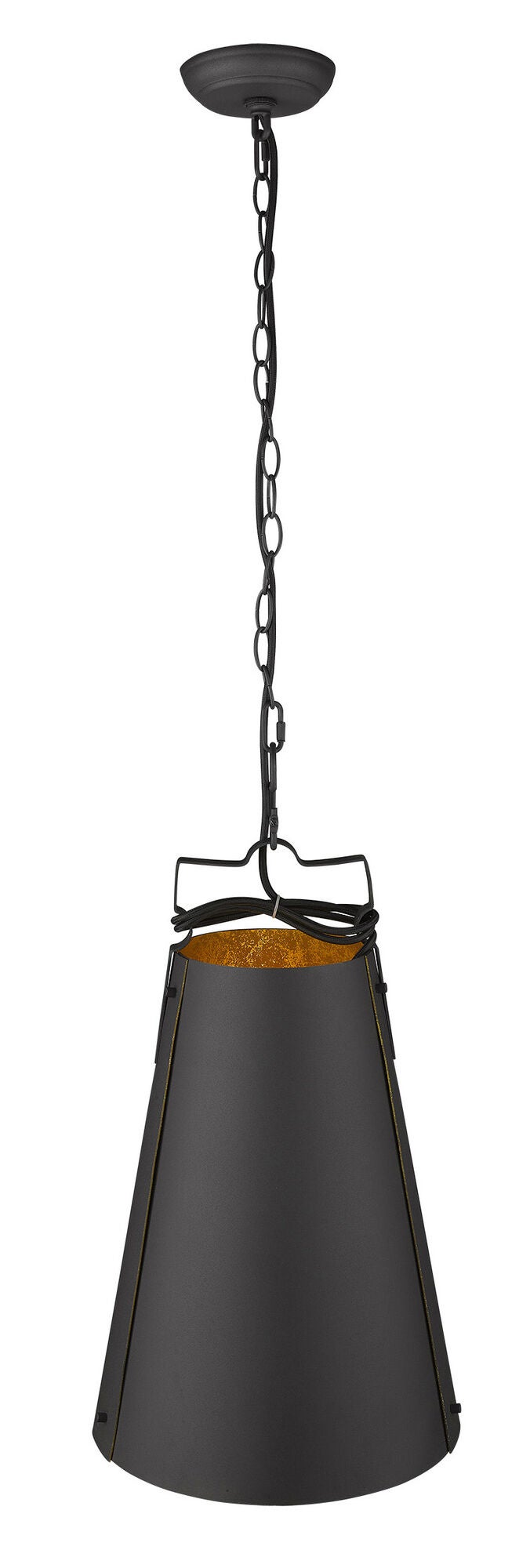 Shown in Matte Black finish and Black glass and Black Metal Cone Shaped  W/ Gold Interior shade