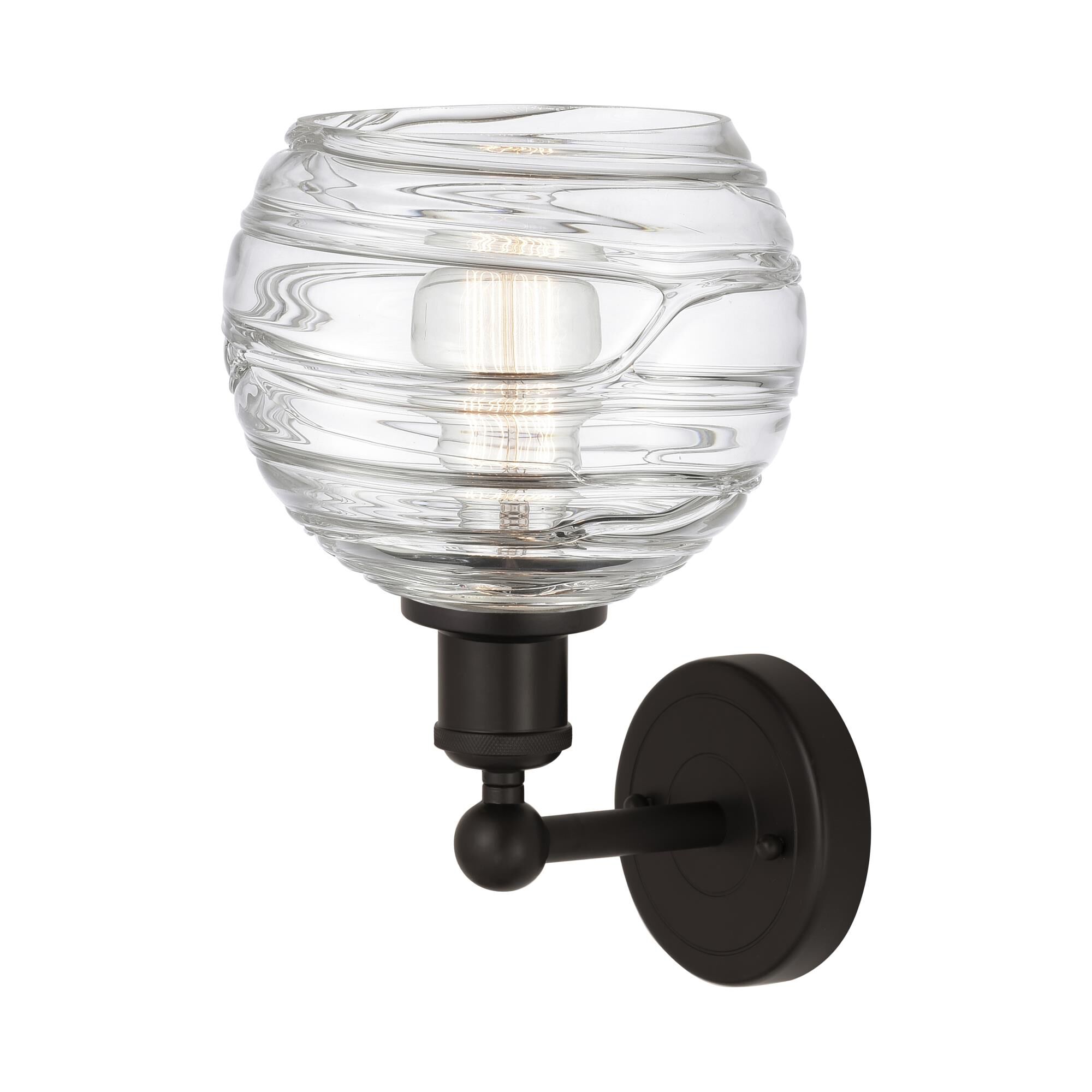 Shown in Oil Rubbed Bronze finish and Clear Deco Swirl glass