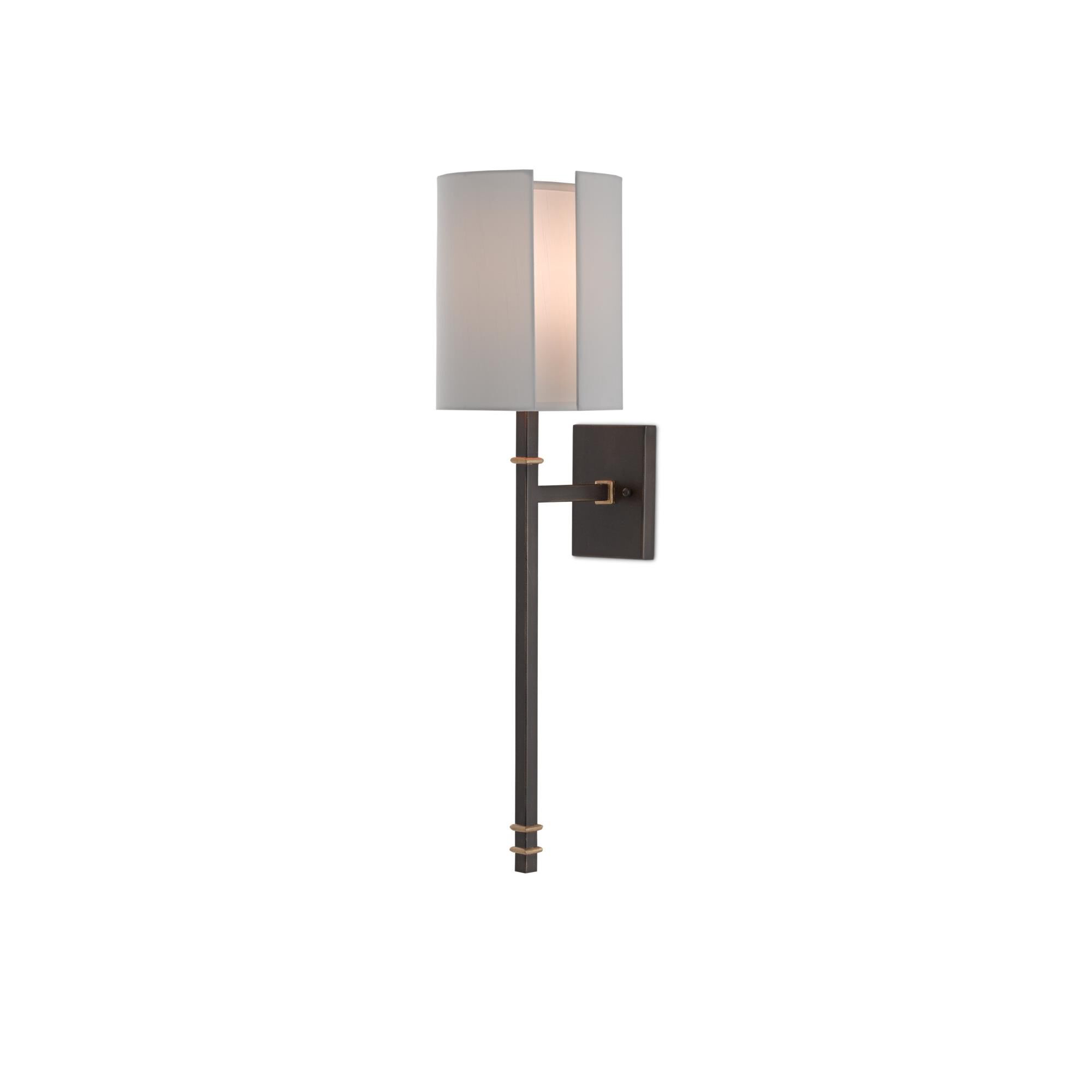 Shown in Hand Rubbed Bronze - Contemporary Gold Leaf finish and Off White Shantung shade