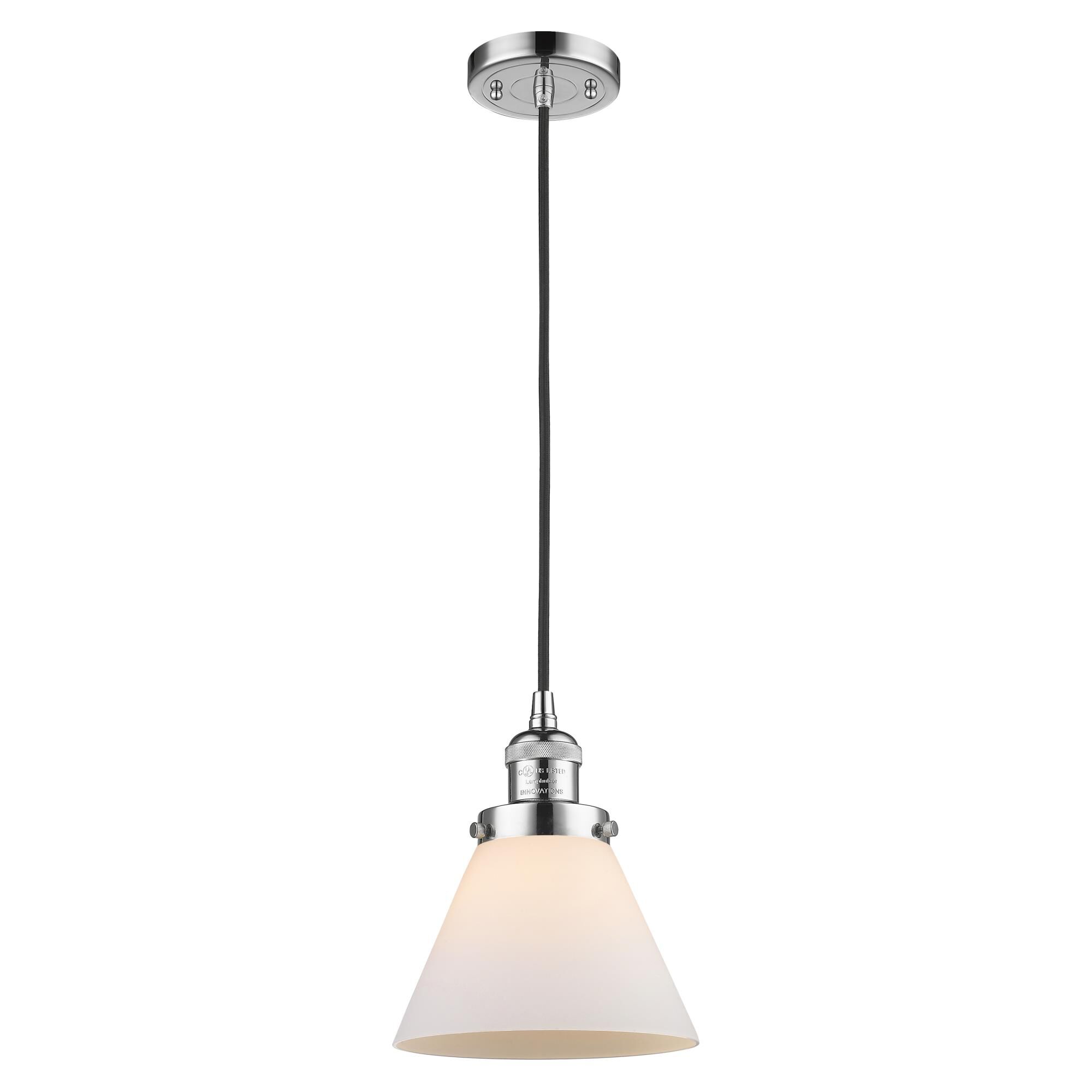 Shown in Polished Chrome finish and Matte White Cased Large Cone glass and Cord accent