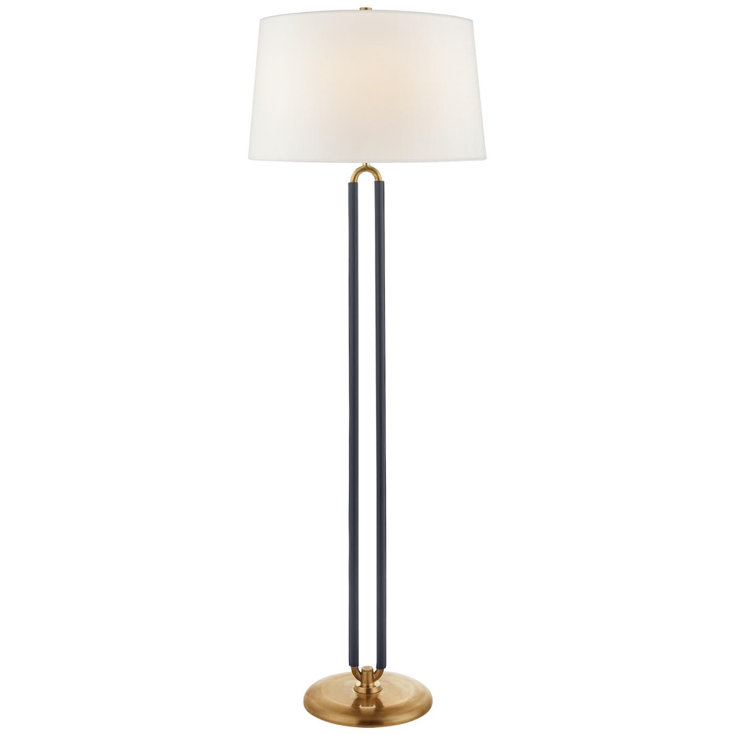 Shown in Natural Brass And Navy Leather finish and Linen shade