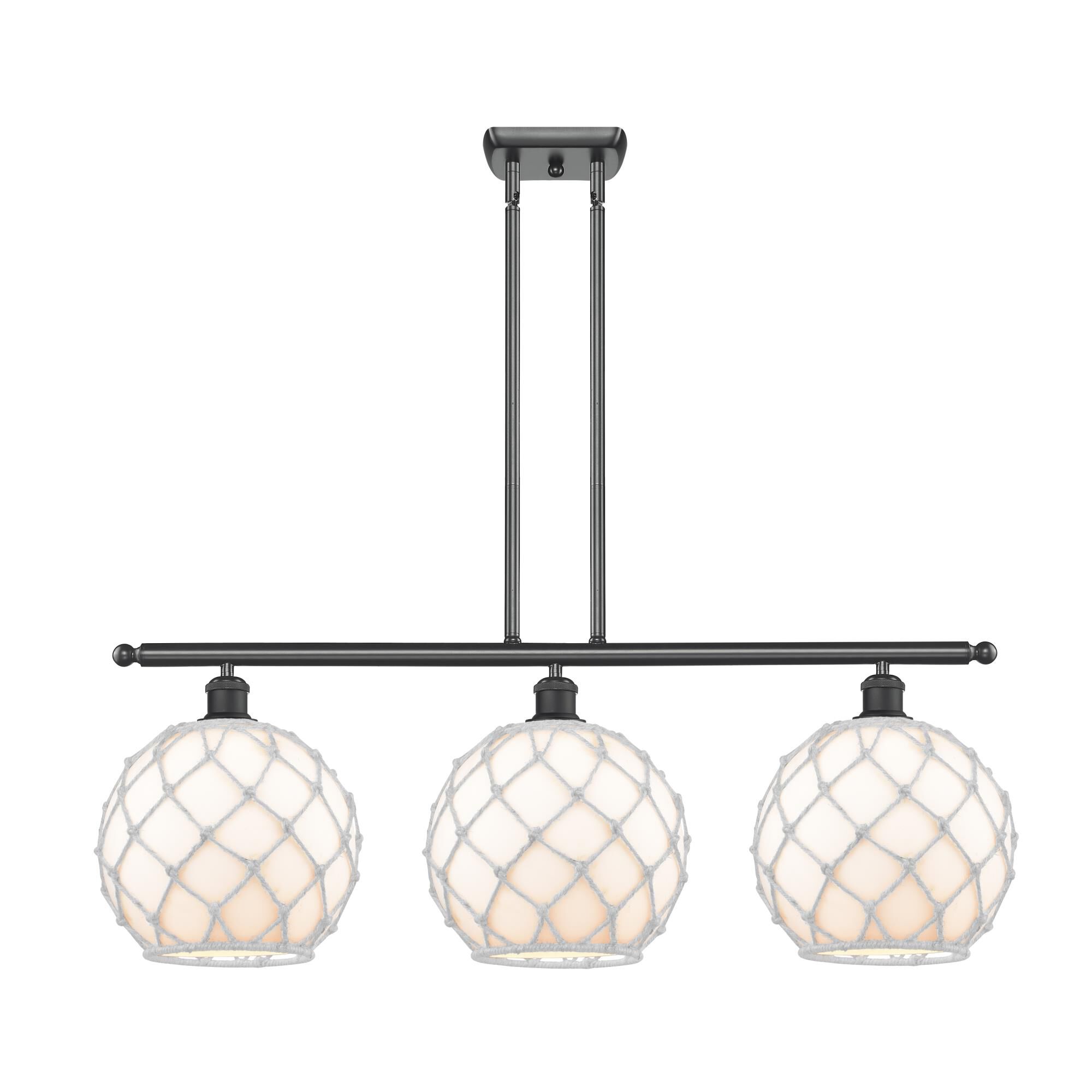 Shown in Matte Black finish and Sphere glass and Glass And Rope shade