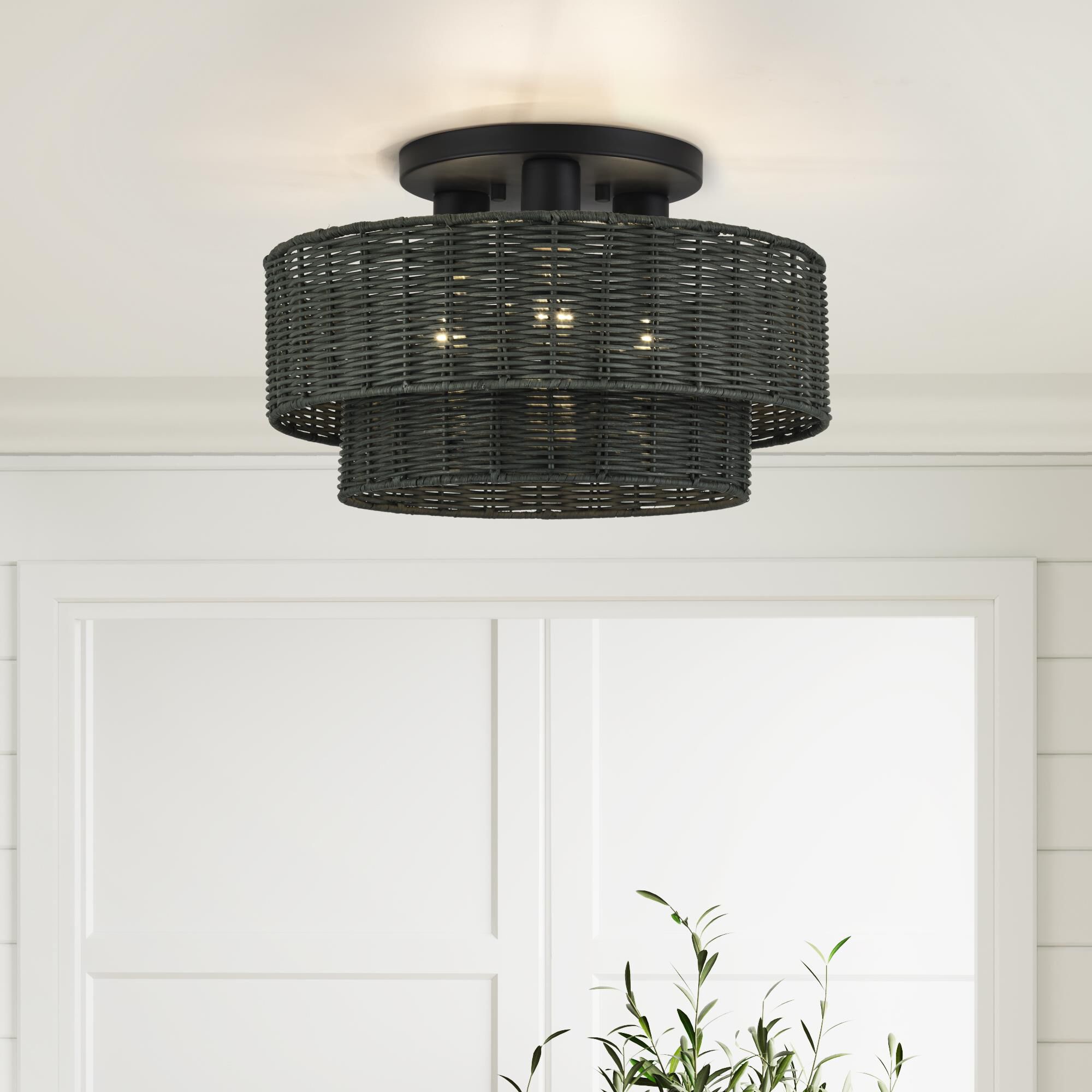 Shown in Black finish and Hand-Woven Charred Gray Color Rattan shade