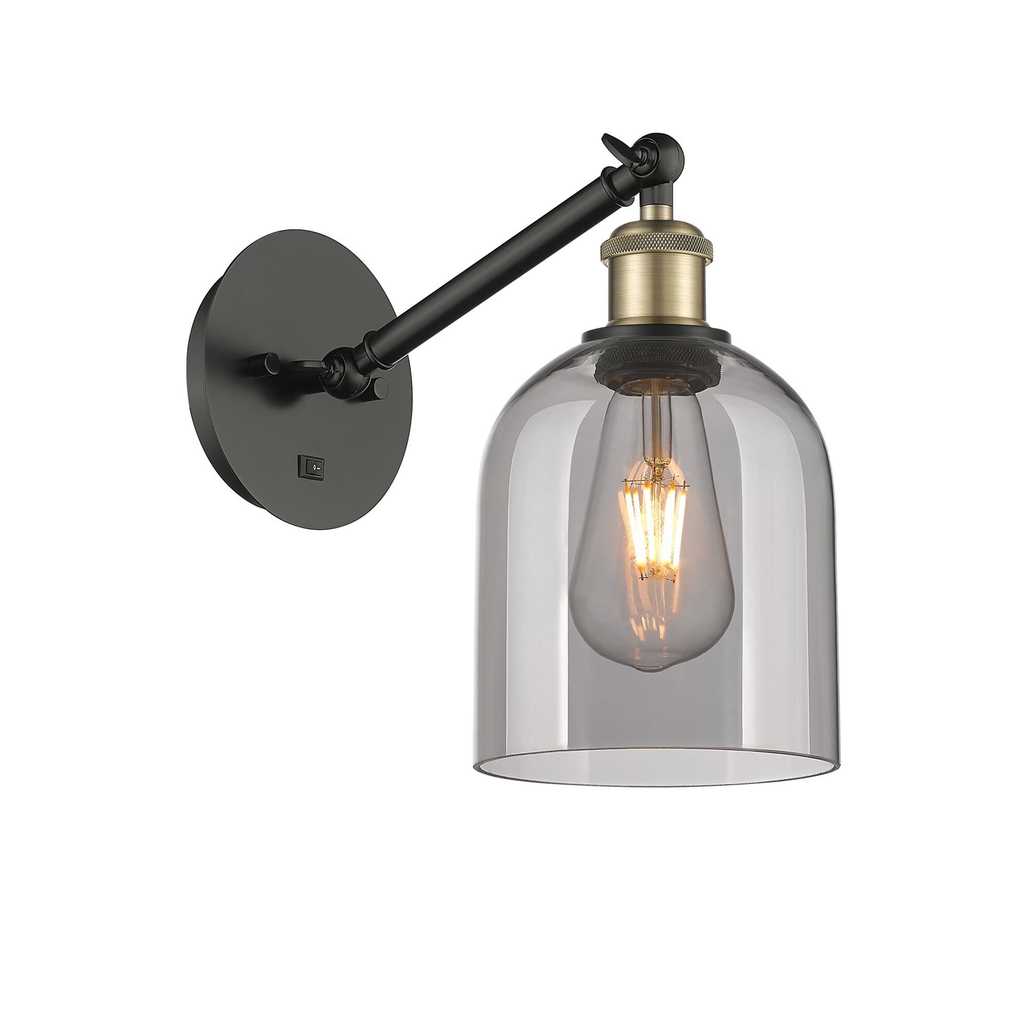 Shown in Black Antique Brass finish and Light Smoke glass
